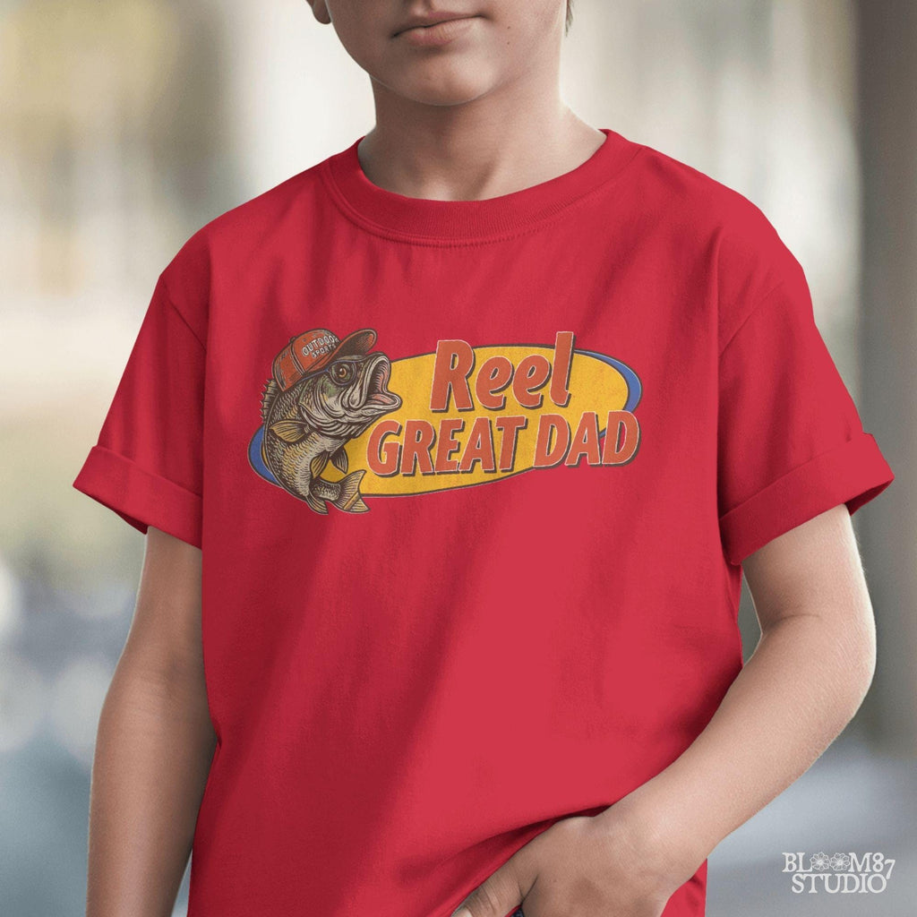Funny fishing design with bass fish and “Reel Great Dad” text – vintage-style PNG for Father’s Day sublimation gift.