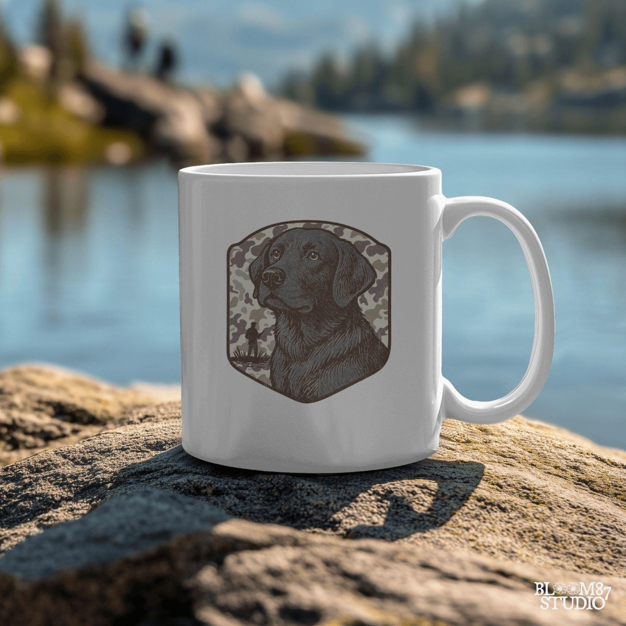 Hand-drawn black Labrador retriever with camo background and duck hunter silhouette – vintage-style sublimation design for outdoor lovers.