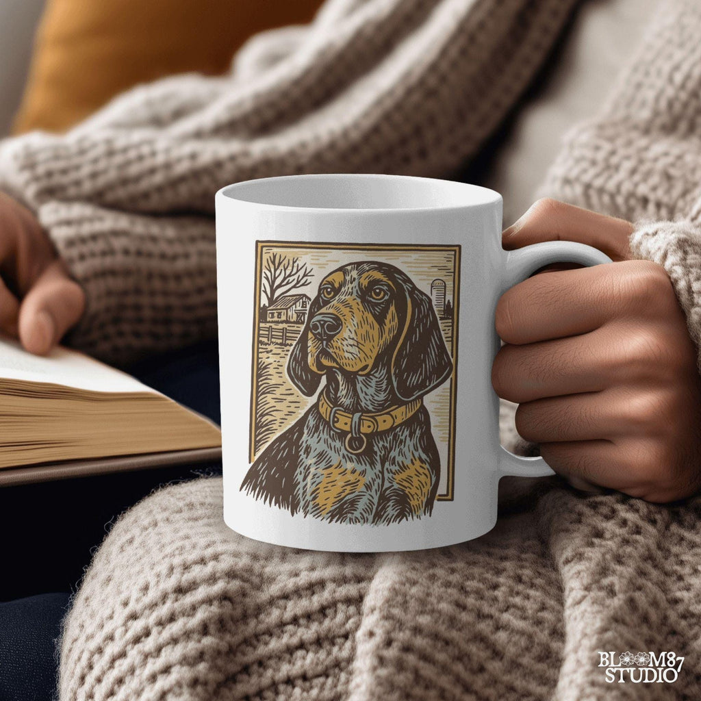 Vintage woodcut-style coonhound dog in front of a rustic farm scene – southern hunting dog sublimation design.