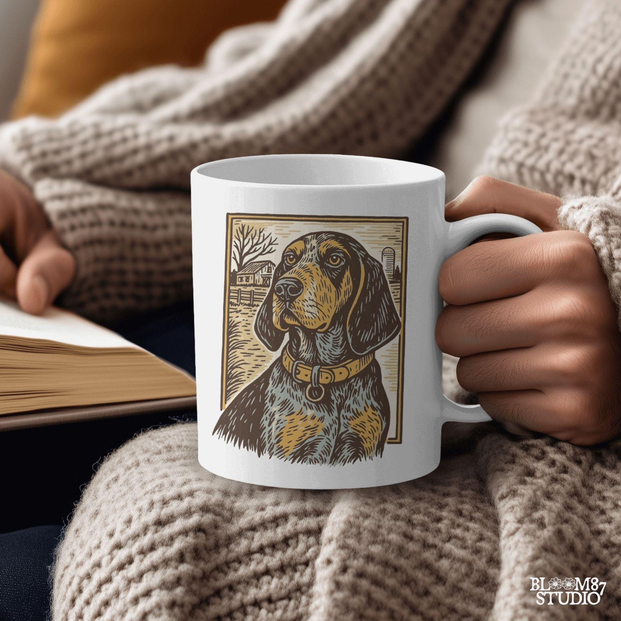Vintage woodcut-style coonhound dog in front of a rustic farm scene – southern hunting dog sublimation design.