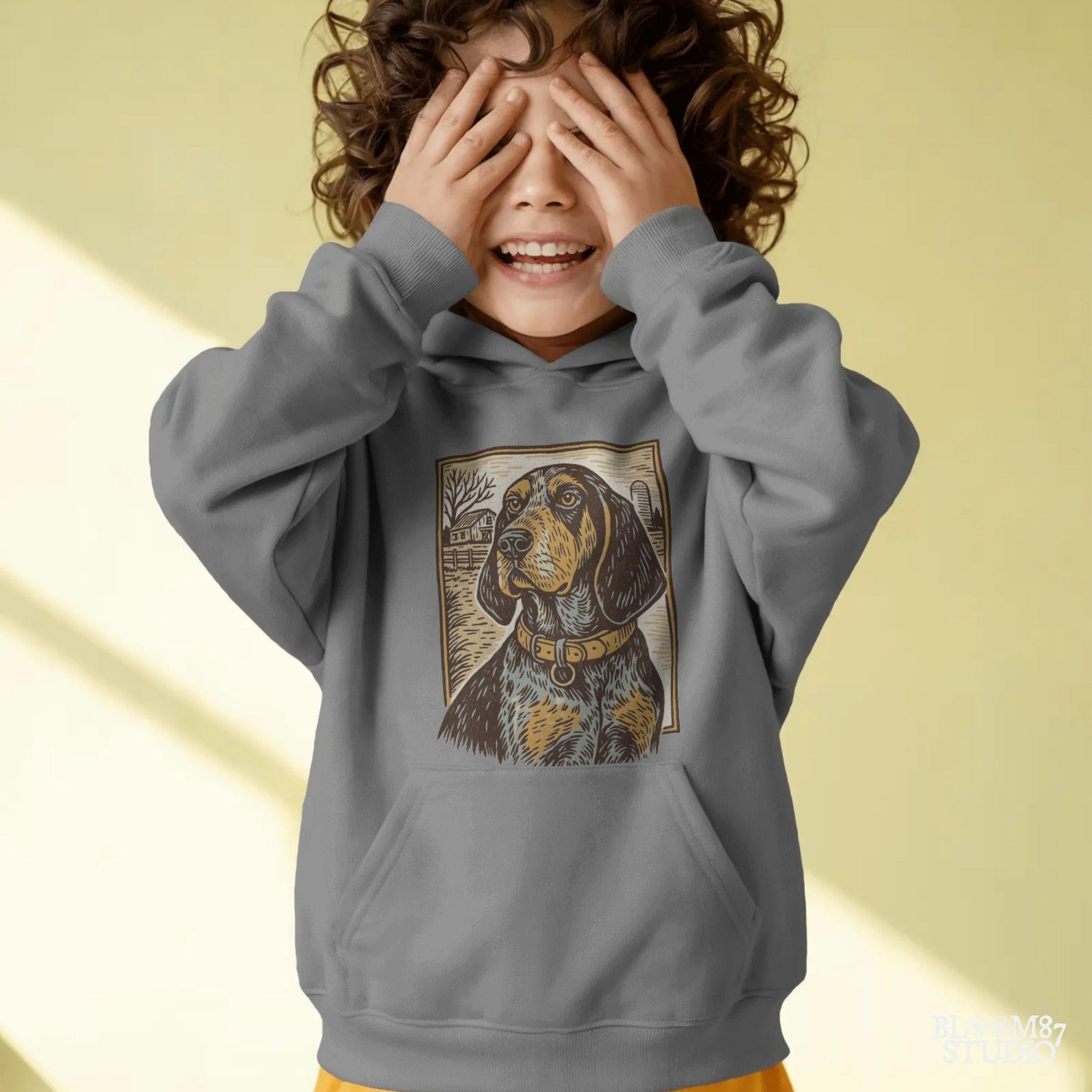 Vintage woodcut-style coonhound dog in front of a rustic farm scene – southern hunting dog sublimation design.