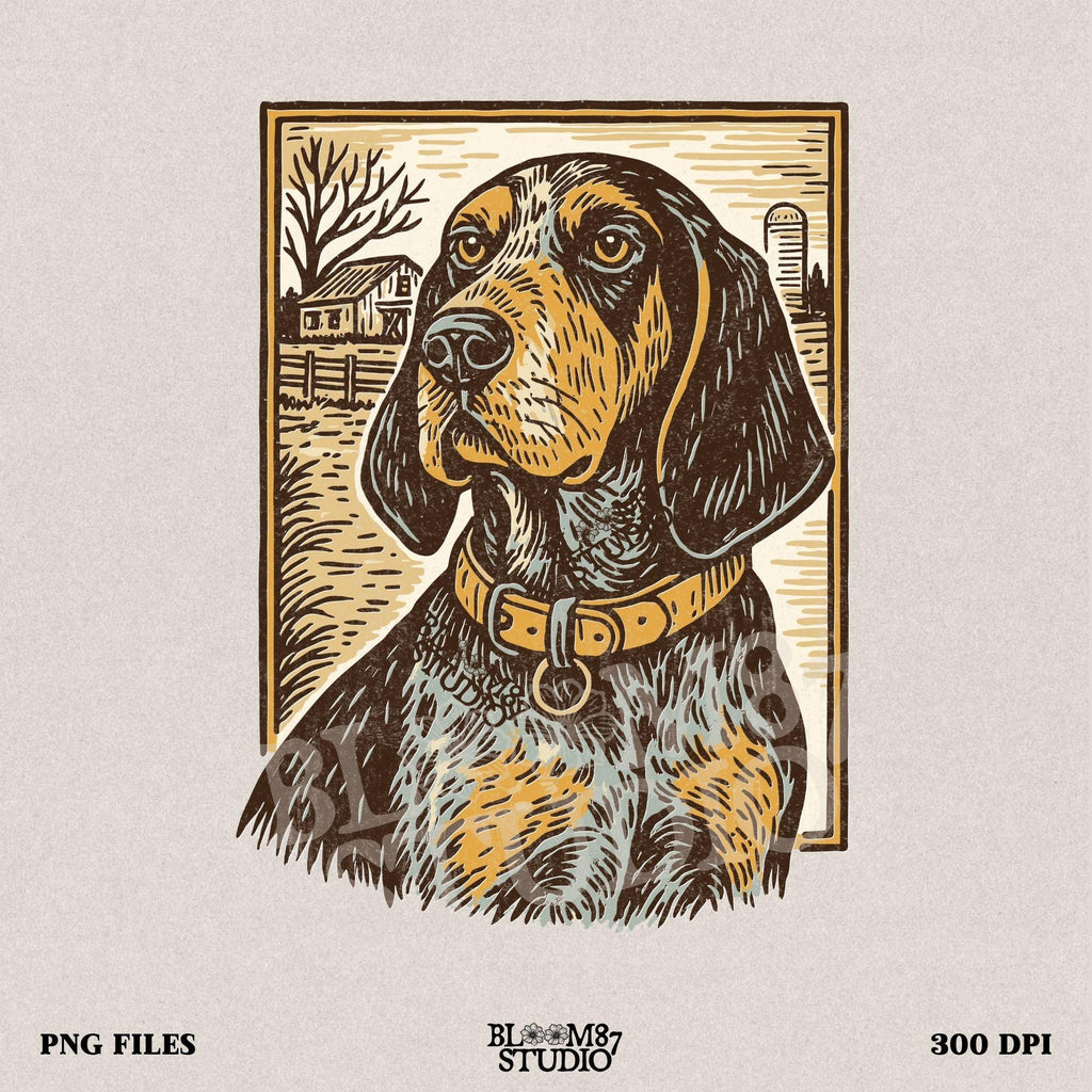 Vintage woodcut-style coonhound dog in front of a rustic farm scene – southern hunting dog sublimation design.