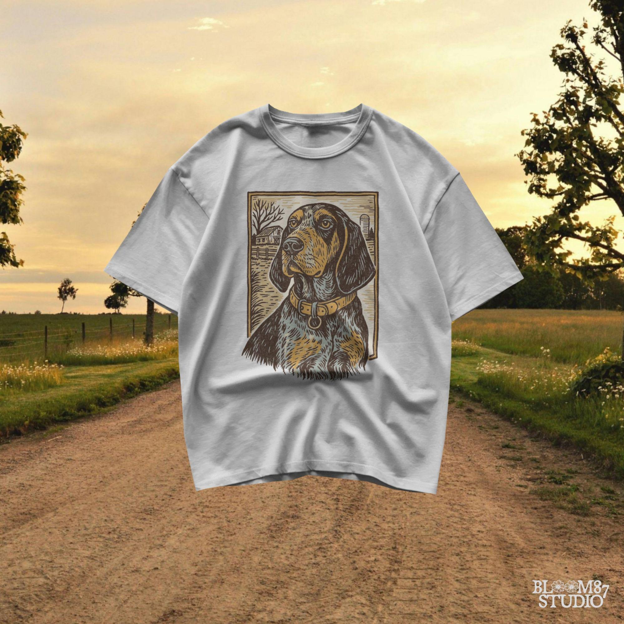 Vintage woodcut-style coonhound dog in front of a rustic farm scene – southern hunting dog sublimation design.