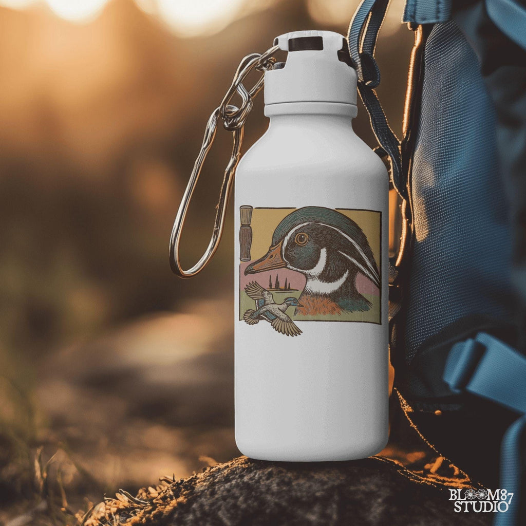 Vintage woodcut-style Wood Duck head and flying duck with duck call – southern waterfowl hunting design for sublimation.