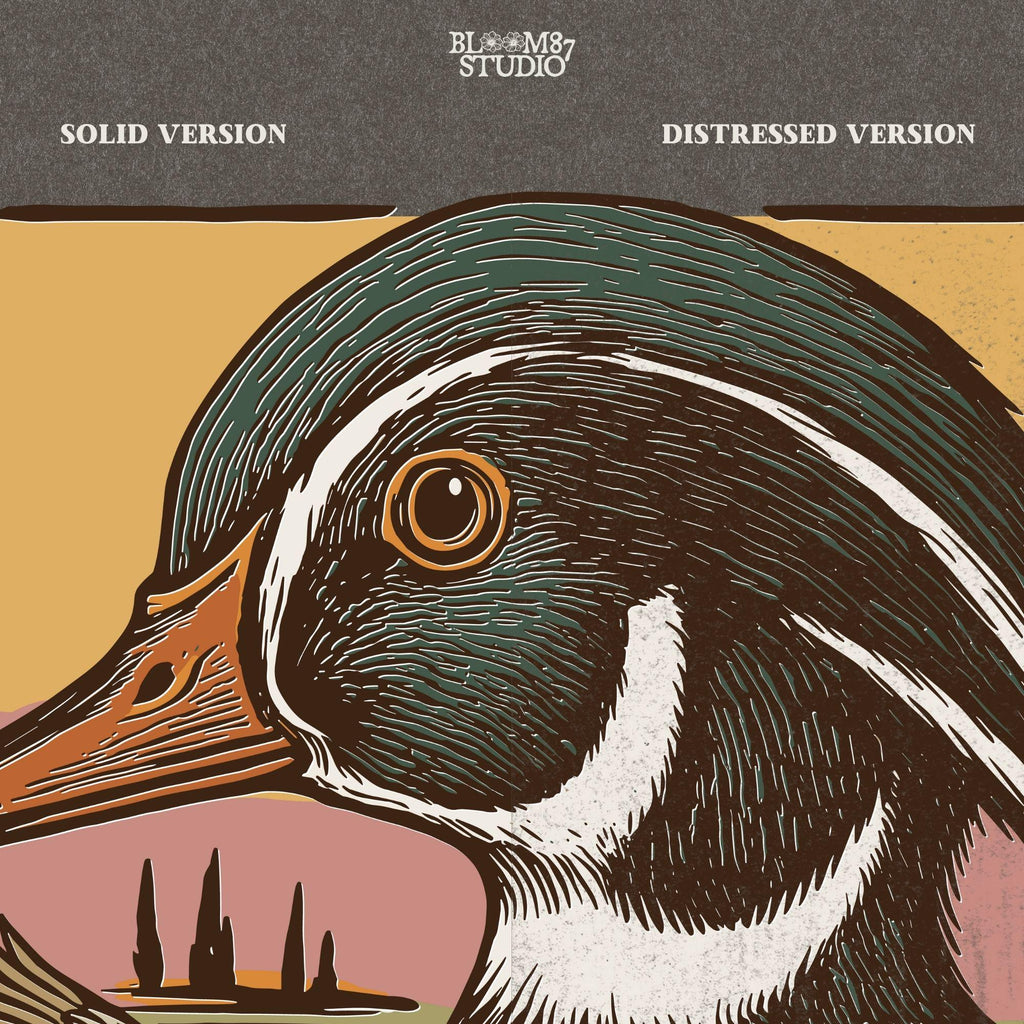 Vintage woodcut-style Wood Duck head and flying duck with duck call – southern waterfowl hunting design for sublimation.