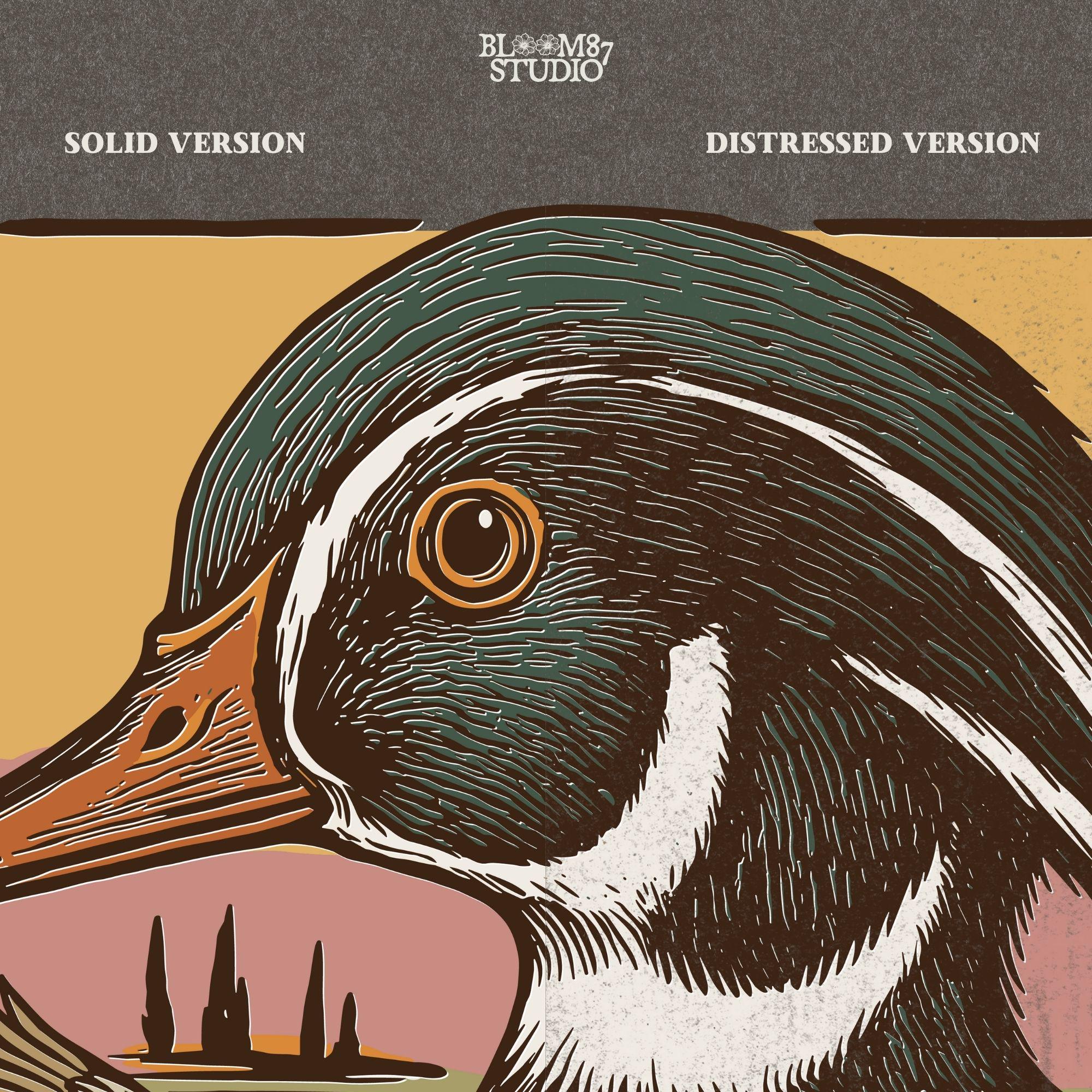 Vintage woodcut-style Wood Duck head and flying duck with duck call – southern waterfowl hunting design for sublimation.