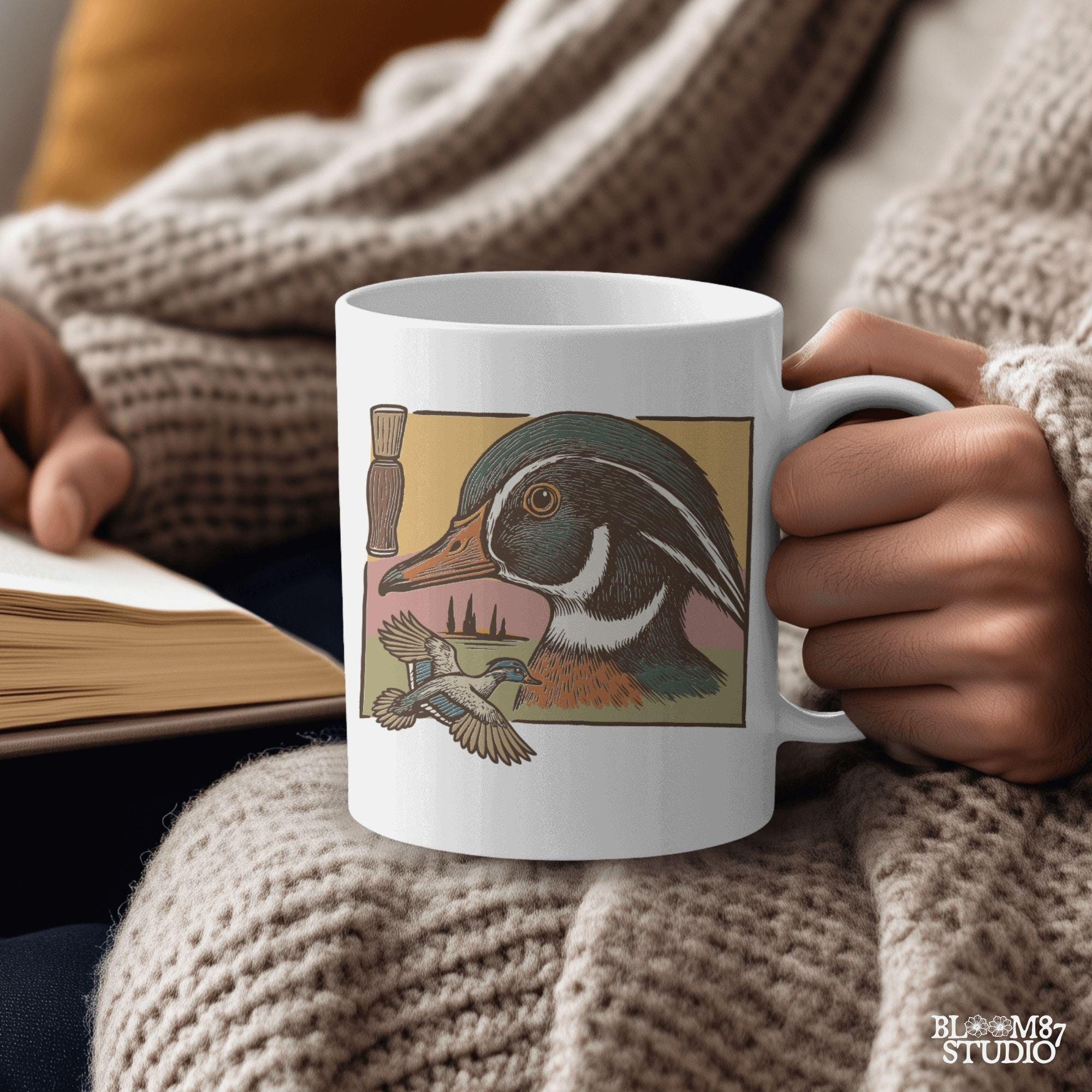 Vintage woodcut-style Wood Duck head and flying duck with duck call – southern waterfowl hunting design for sublimation.