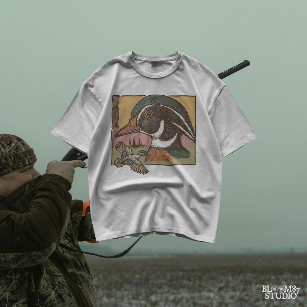 Vintage woodcut-style Wood Duck head and flying duck with duck call – southern waterfowl hunting design for sublimation.