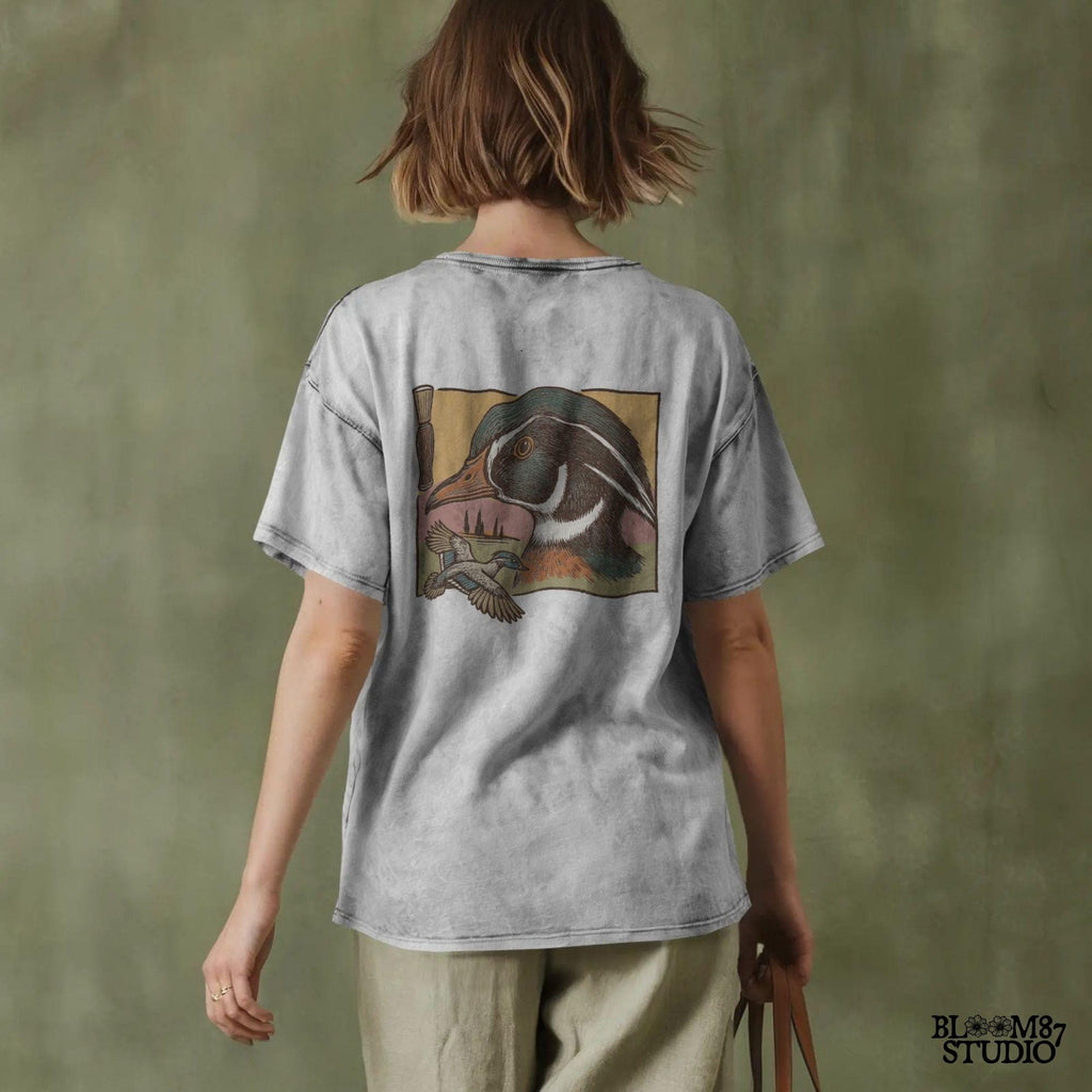 Vintage woodcut-style Wood Duck head and flying duck with duck call – southern waterfowl hunting design for sublimation.