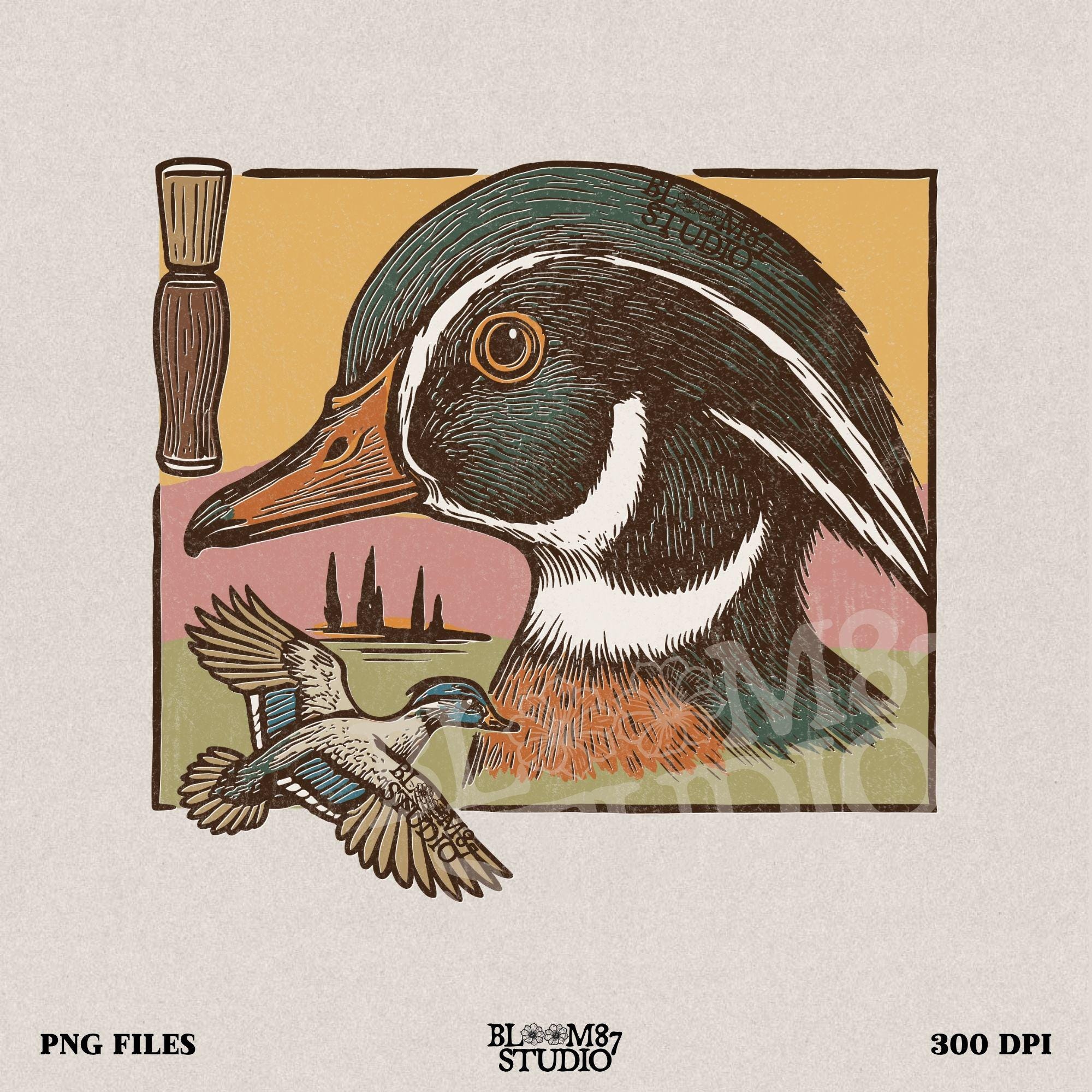 Vintage woodcut-style Wood Duck head and flying duck with duck call – southern waterfowl hunting design for sublimation.