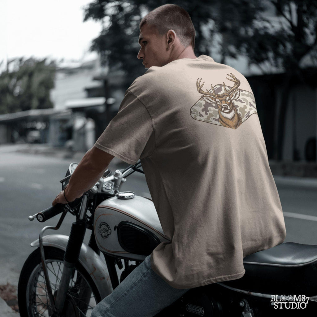 Vintage Whitetail deer head with large antlers in front of old school camo background – rustic outdoor hunting sublimation design.