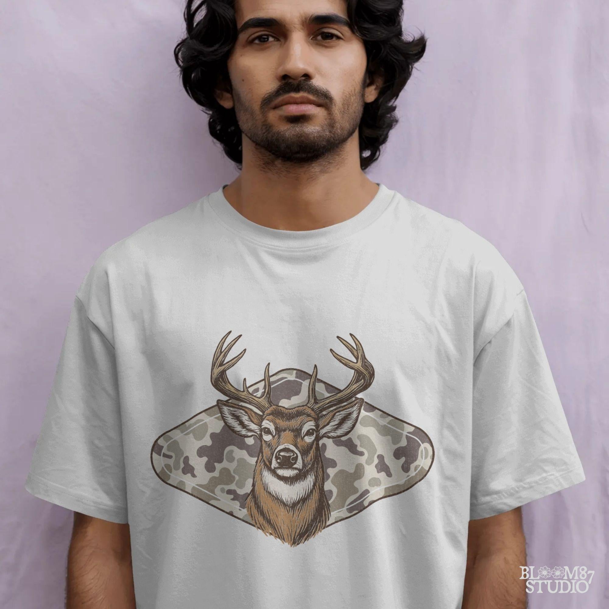 Vintage Whitetail deer head with large antlers in front of old school camo background – rustic outdoor hunting sublimation design.