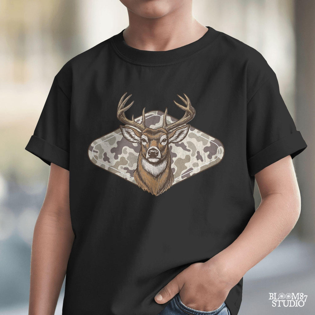 Vintage Whitetail deer head with large antlers in front of old school camo background – rustic outdoor hunting sublimation design.