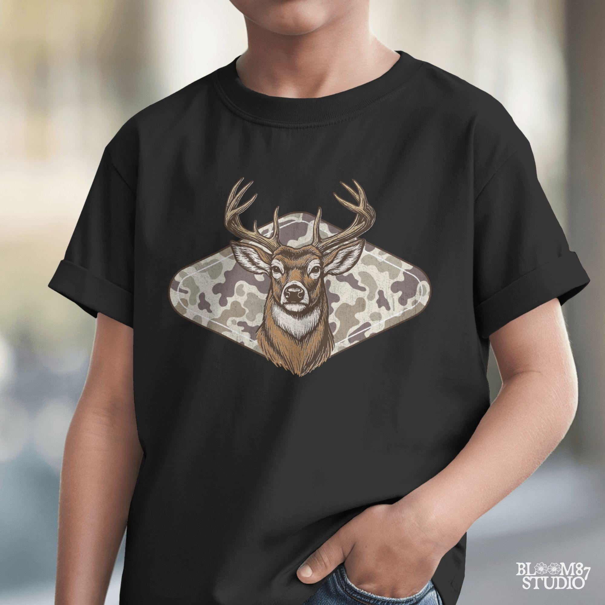 Vintage Whitetail deer head with large antlers in front of old school camo background – rustic outdoor hunting sublimation design.