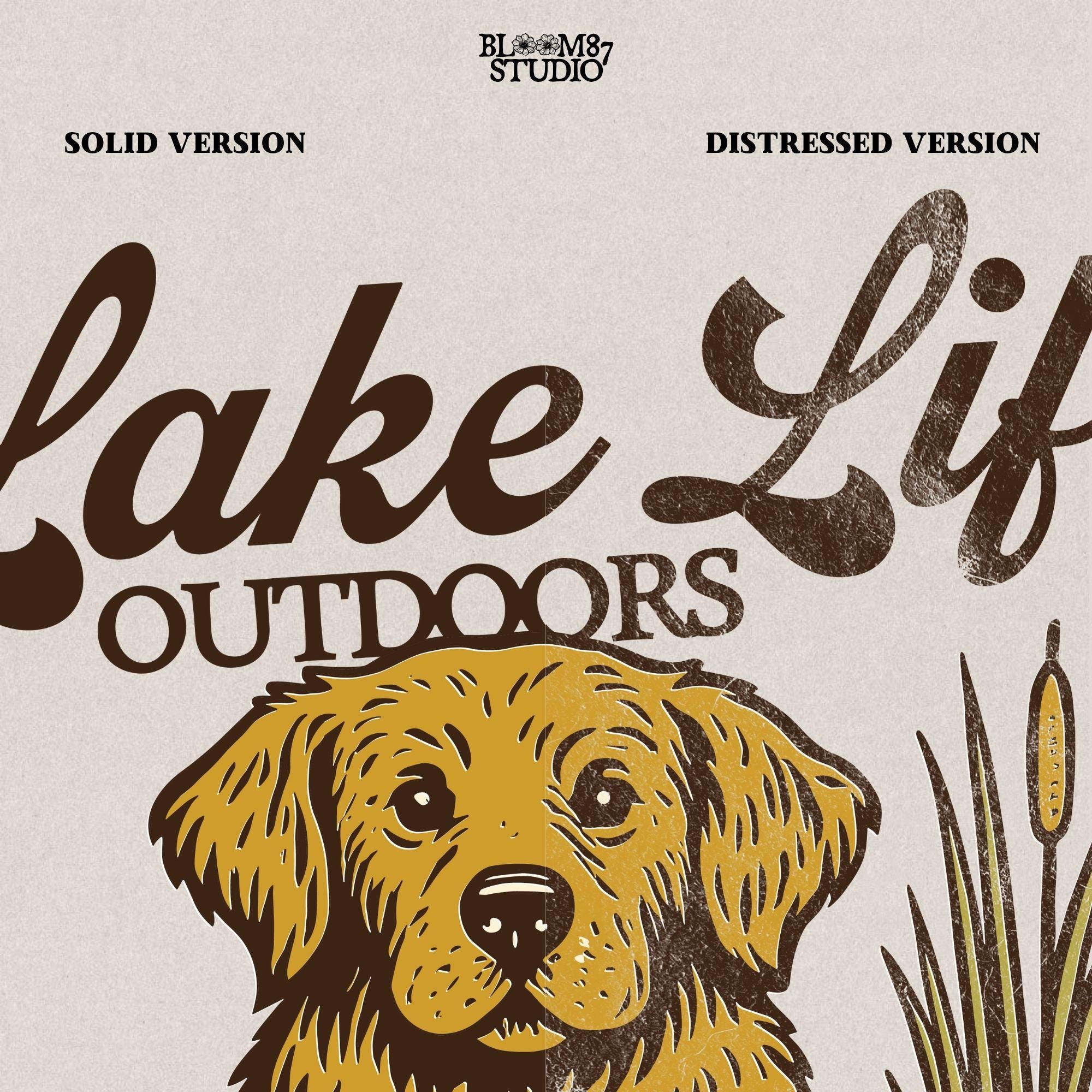 Golden Retriever dog enjoying lake life outdoors with fish in rustic nature setting — perfect for lake house and fishing sublimation designs