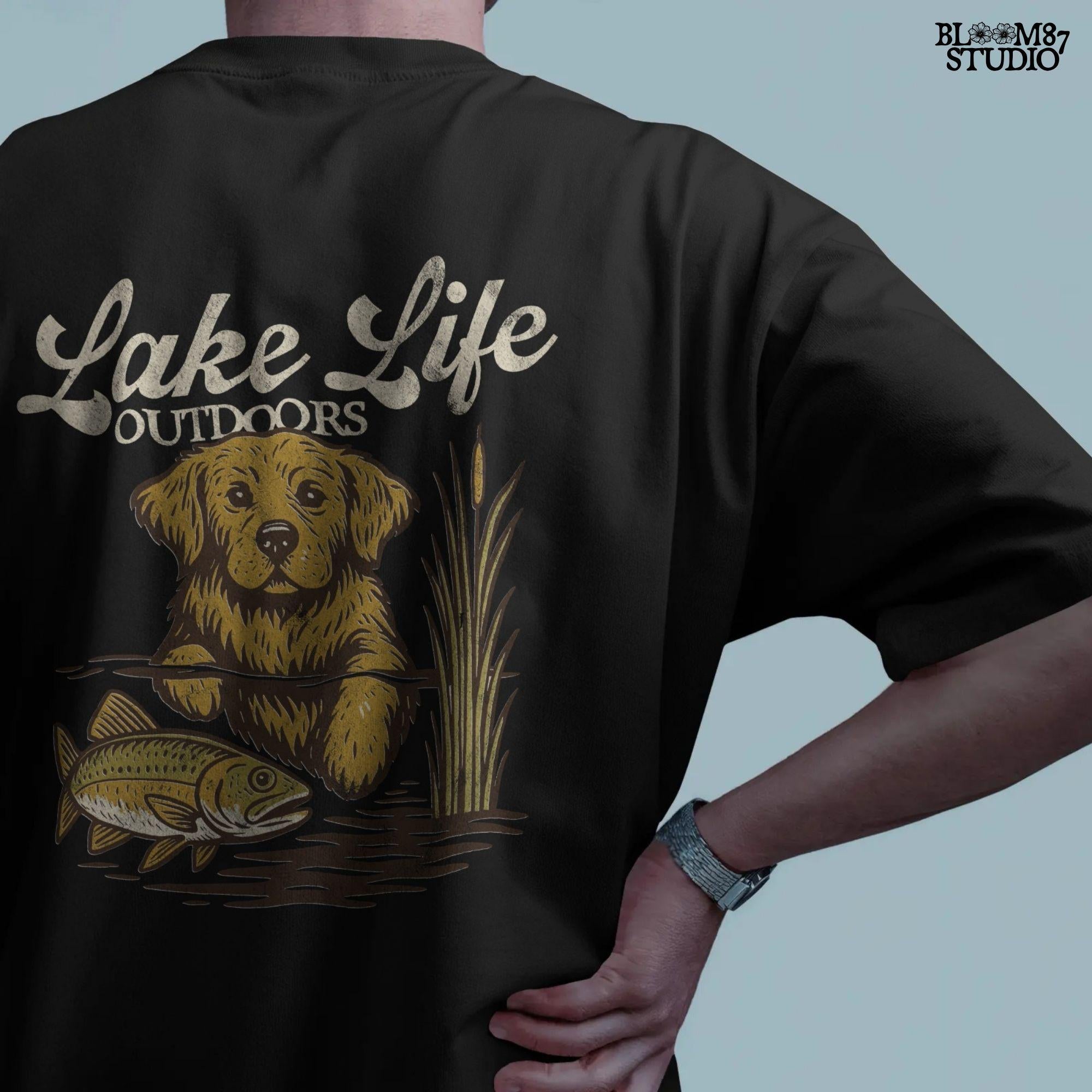 Golden Retriever dog enjoying lake life outdoors with fish in rustic nature setting — perfect for lake house and fishing sublimation designs
