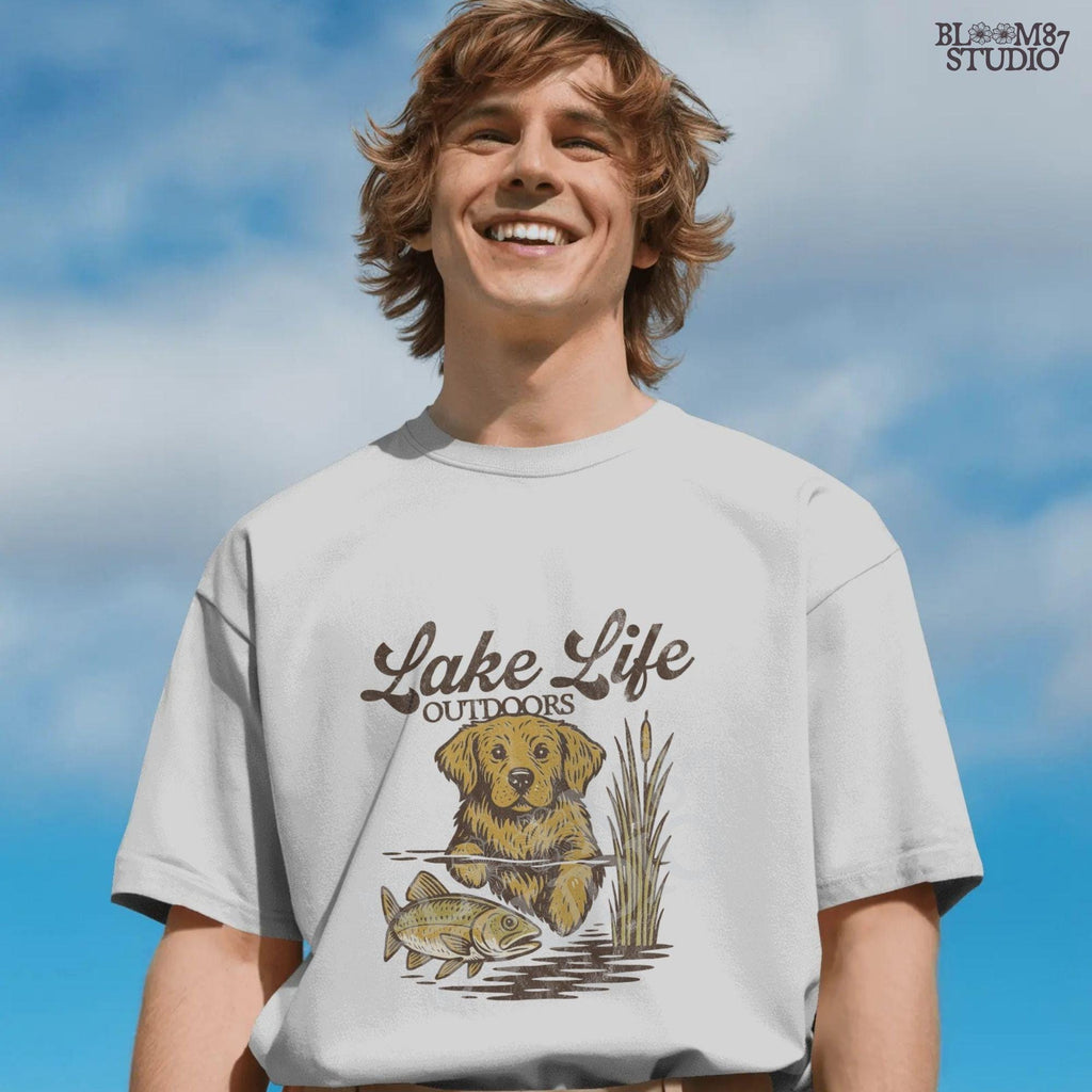 Golden Retriever dog enjoying lake life outdoors with fish in rustic nature setting — perfect for lake house and fishing sublimation designs