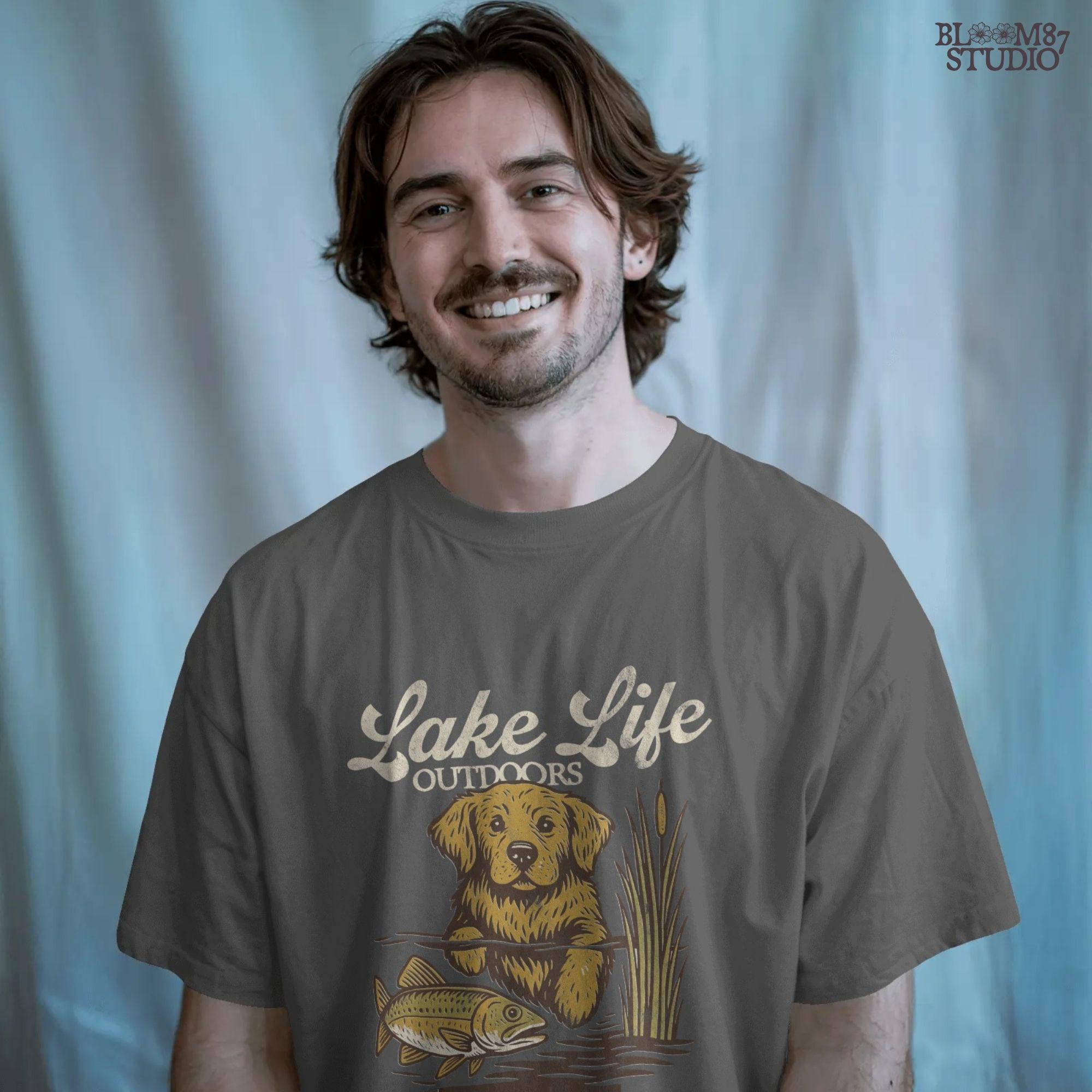 Golden Retriever dog enjoying lake life outdoors with fish in rustic nature setting — perfect for lake house and fishing sublimation designs