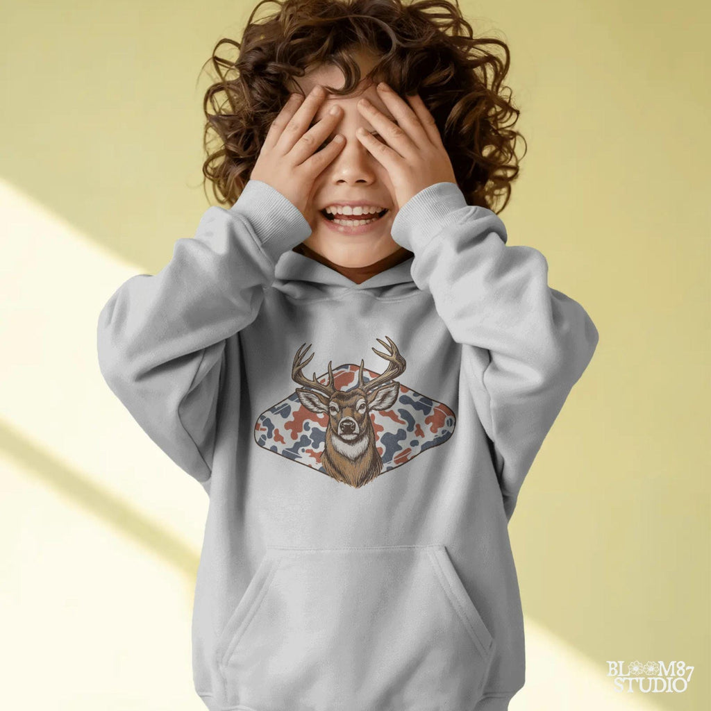 Whitetail deer with red white blue camo background – patriotic hunting sublimation PNG design.