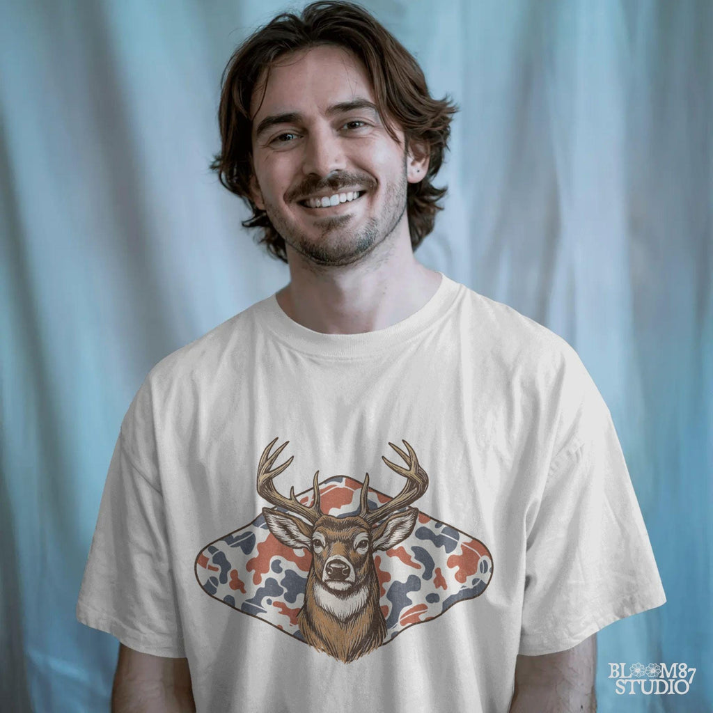 Whitetail deer with red white blue camo background – patriotic hunting sublimation PNG design.