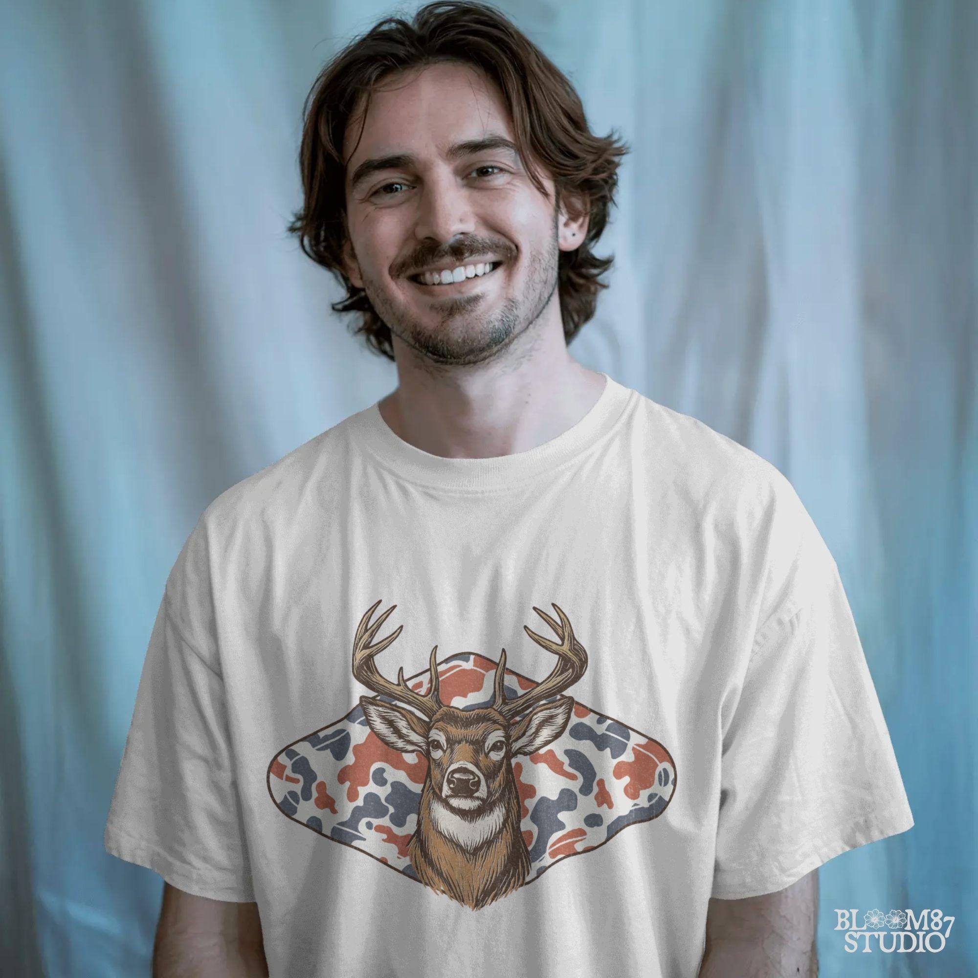 Whitetail deer with red white blue camo background – patriotic hunting sublimation PNG design.