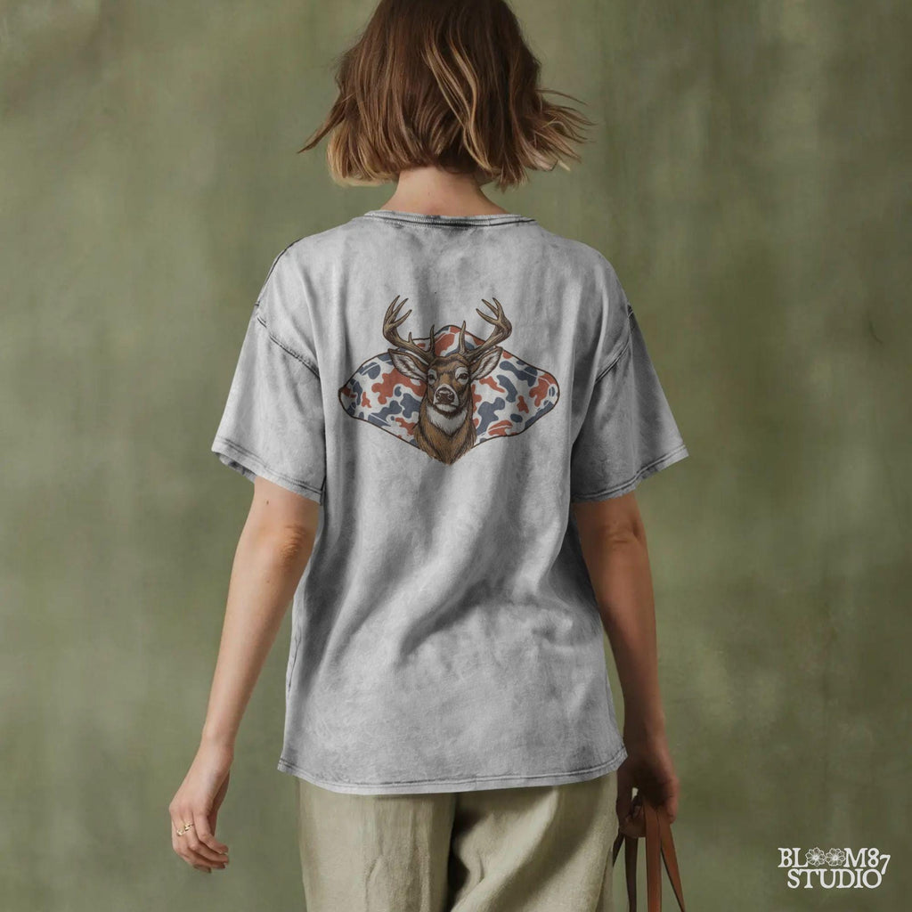 Whitetail deer with red white blue camo background – patriotic hunting sublimation PNG design.