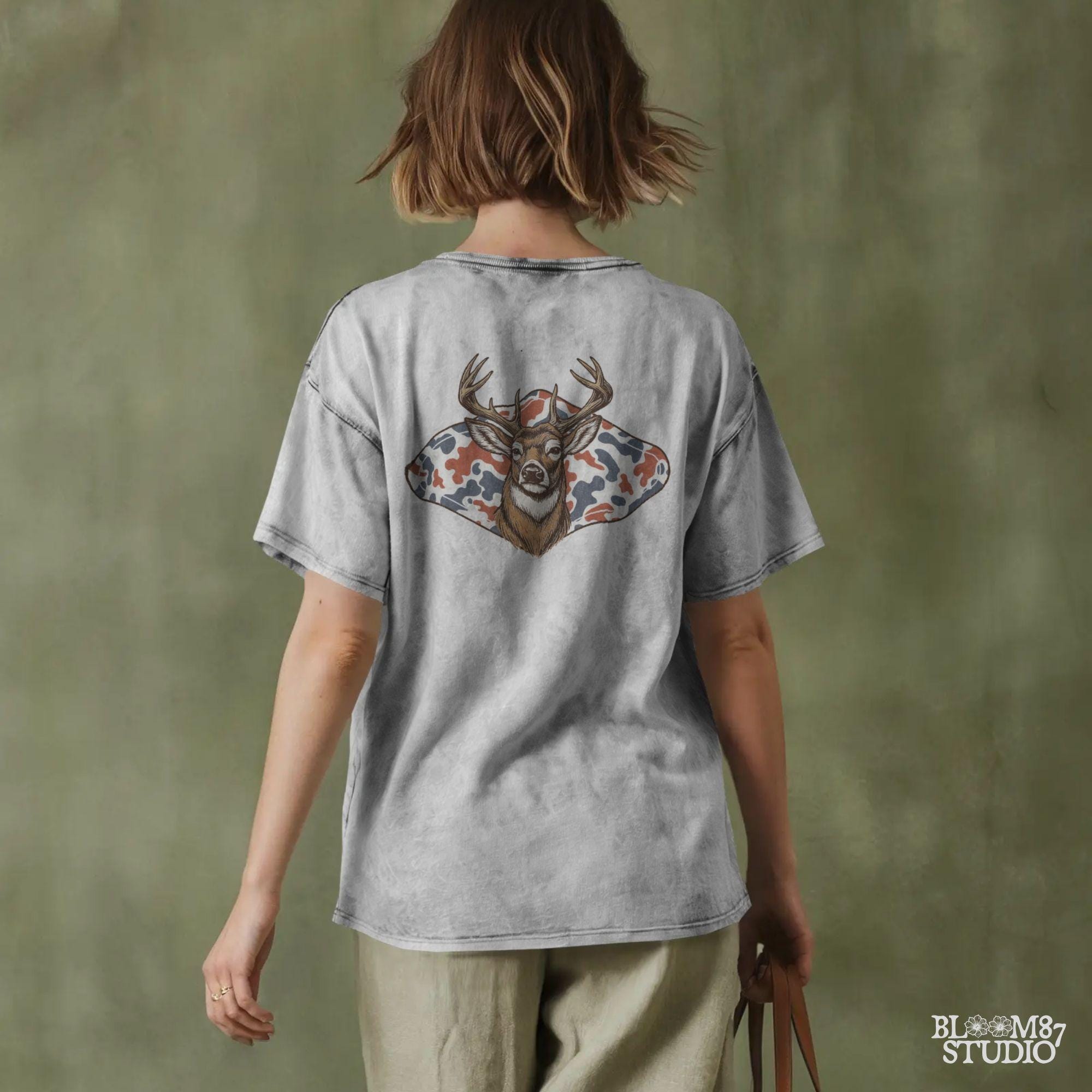 Whitetail deer with red white blue camo background – patriotic hunting sublimation PNG design.