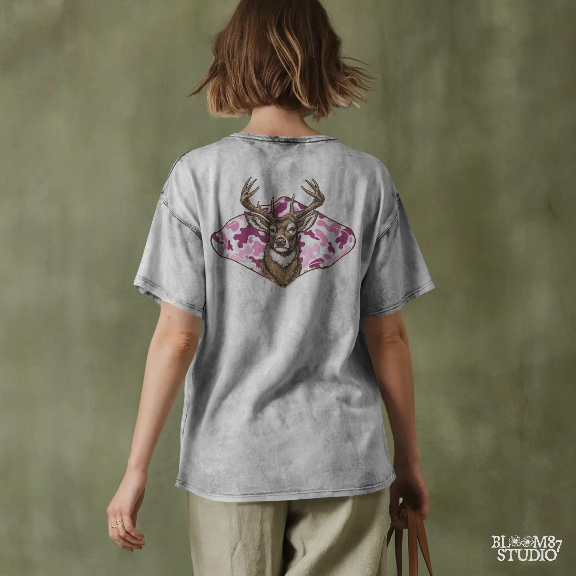 Whitetail deer with antlers over pink camo background – rustic girl hunter sublimation design.