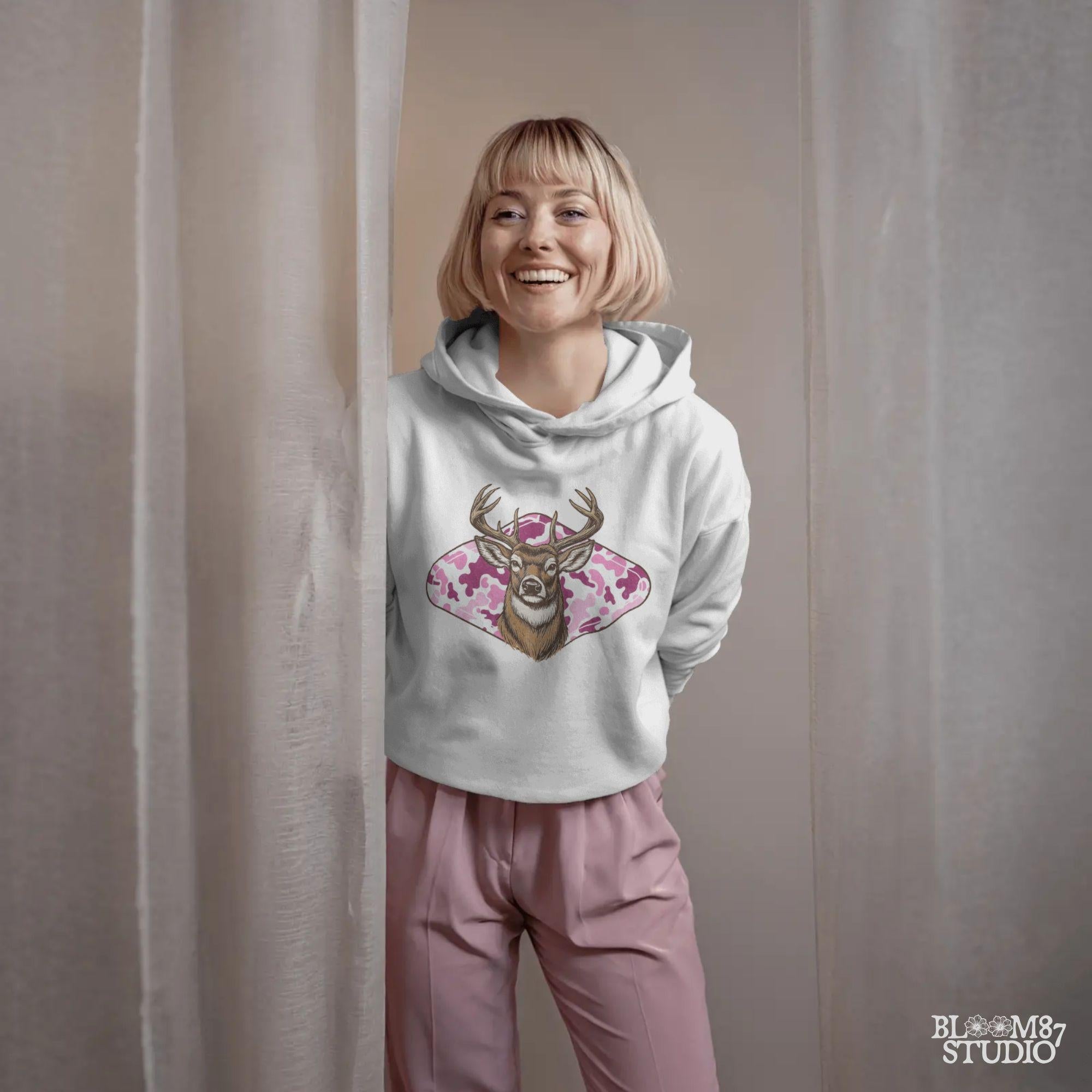 Whitetail deer with antlers over pink camo background – rustic girl hunter sublimation design.