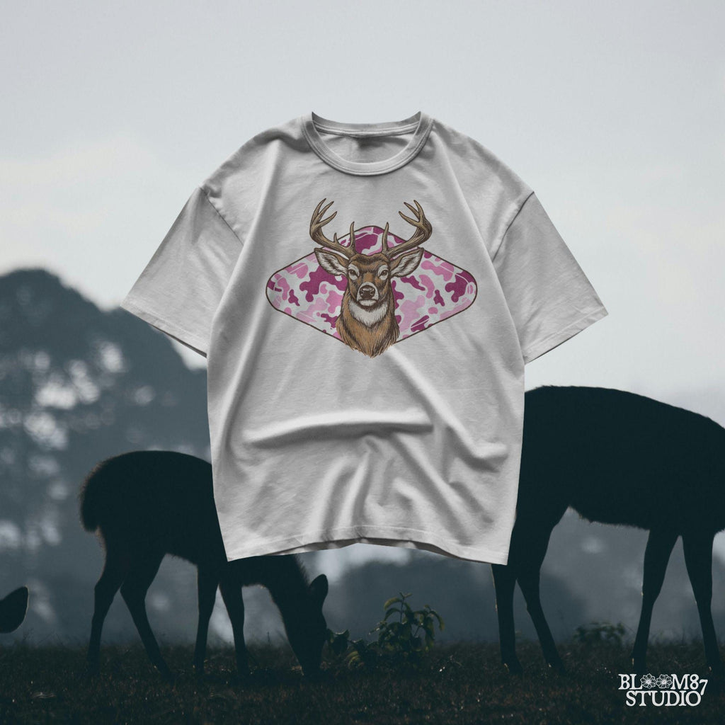 Whitetail deer with antlers over pink camo background – rustic girl hunter sublimation design.