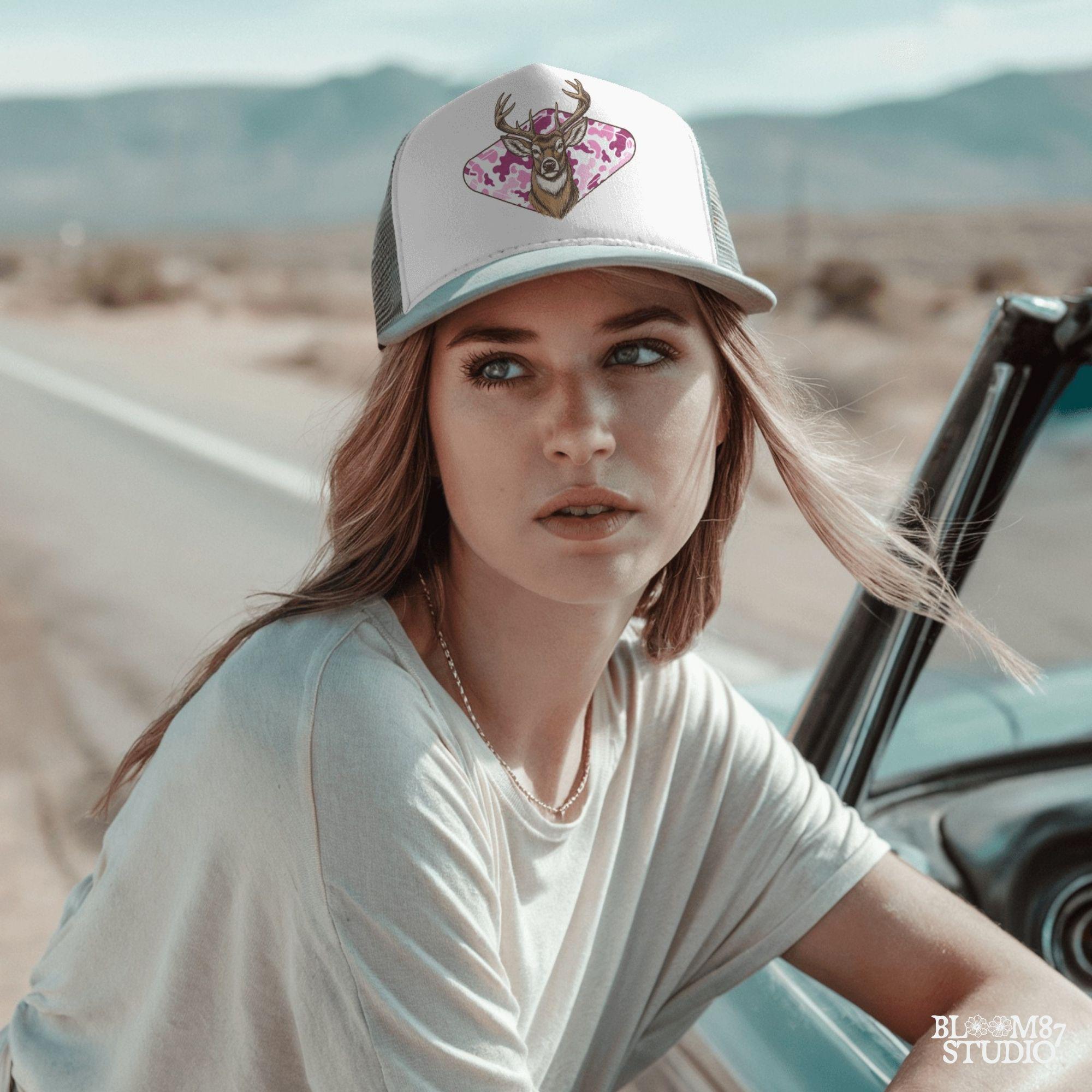 Whitetail deer with antlers over pink camo background – rustic girl hunter sublimation design.