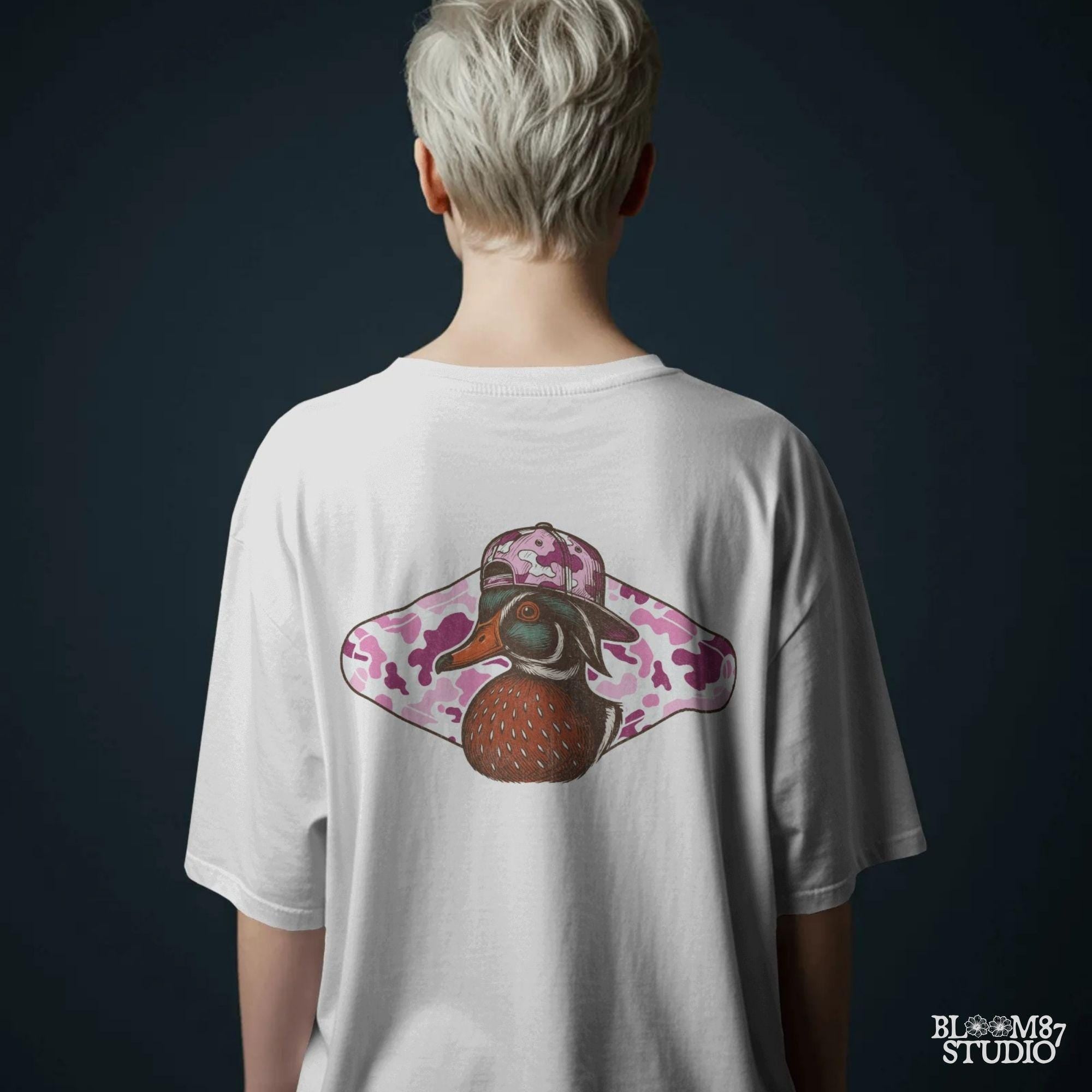 Funny wood duck in pink camo hat with pink camo background – cute sublimation design for girl hunters or southern women.