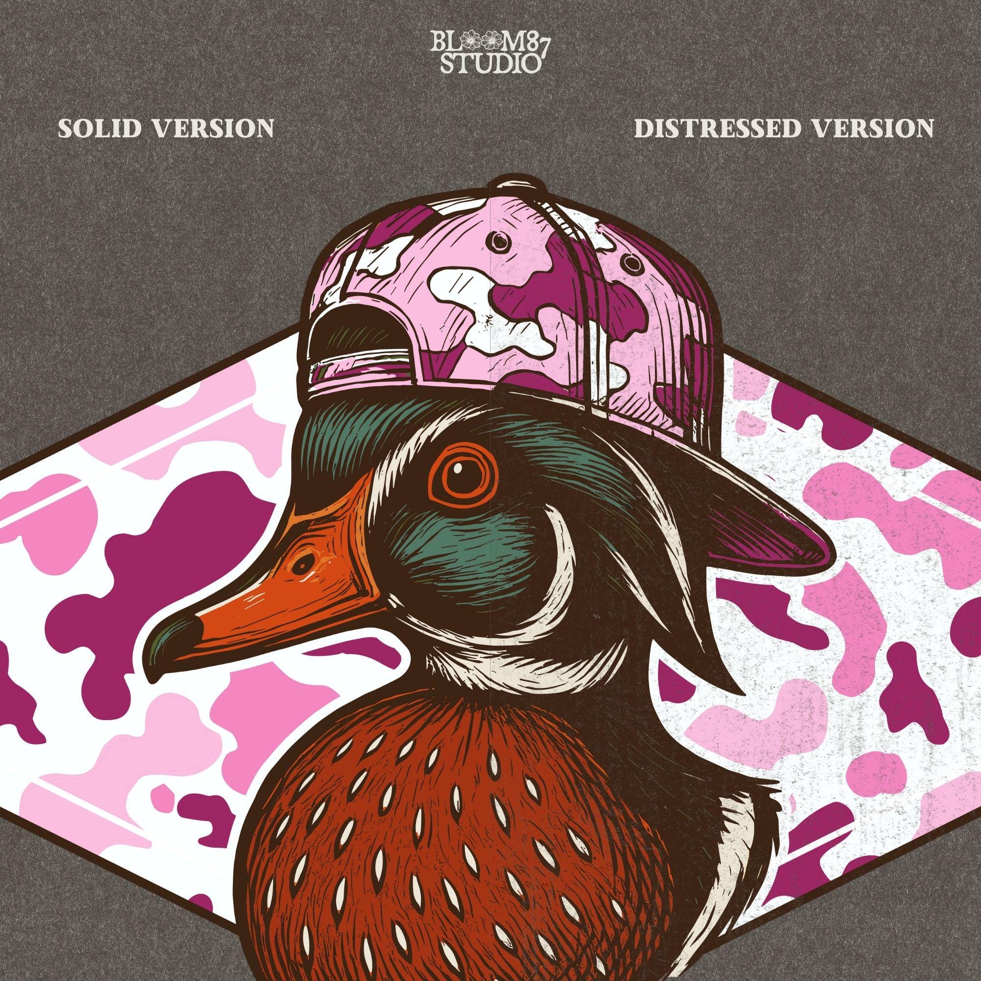 Funny wood duck in pink camo hat with pink camo background – cute sublimation design for girl hunters or southern women.