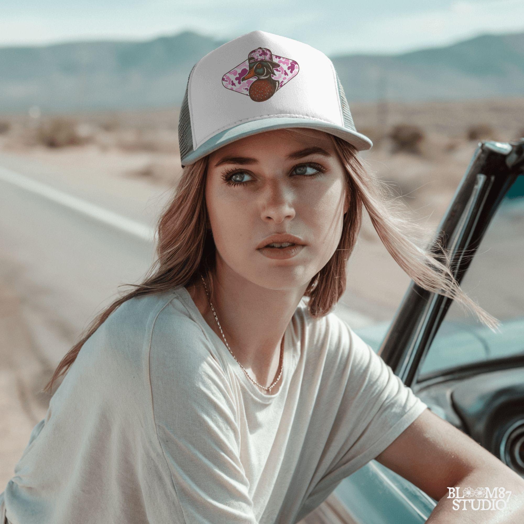 Funny wood duck in pink camo hat with pink camo background – cute sublimation design for girl hunters or southern women.