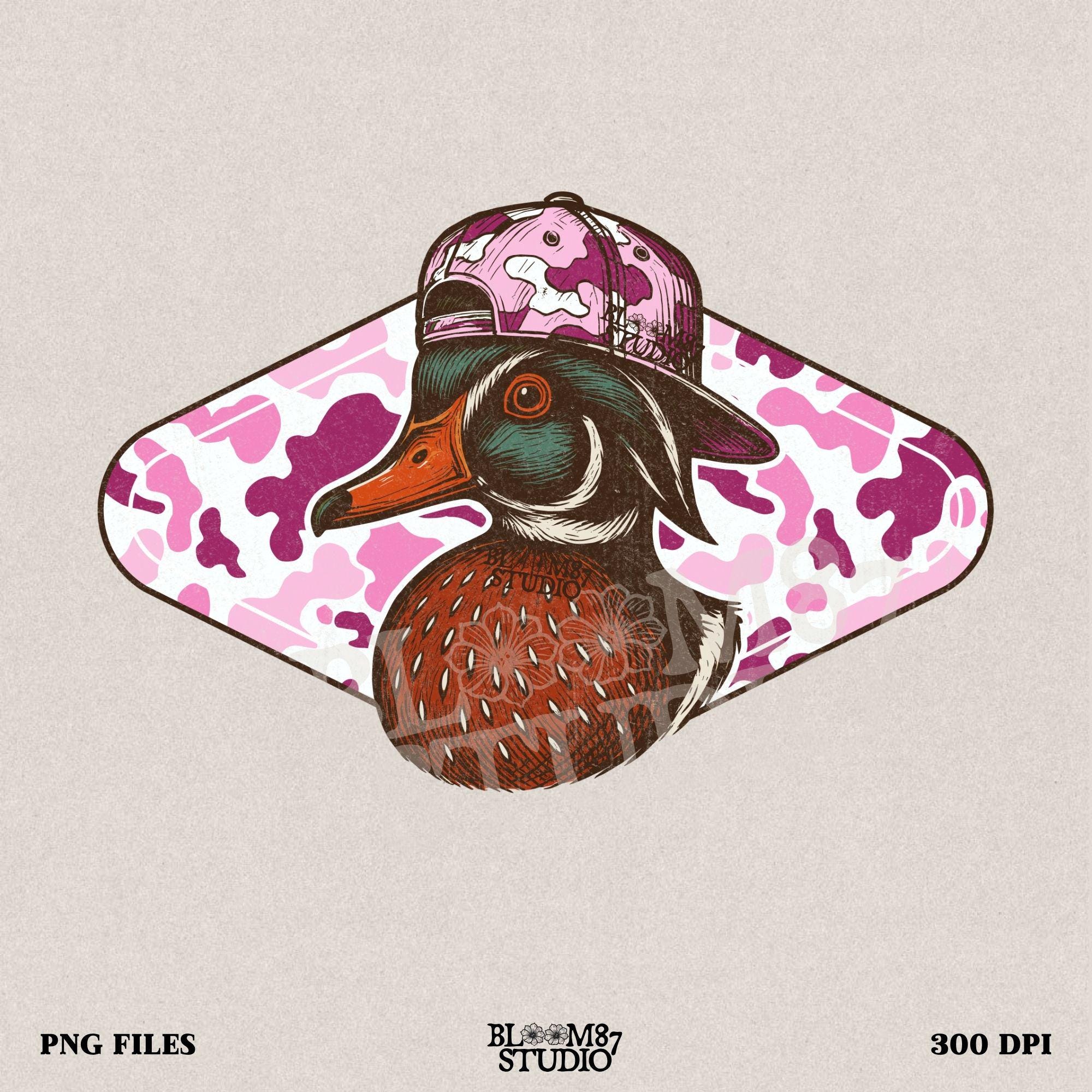 Funny wood duck in pink camo hat with pink camo background – cute sublimation design for girl hunters or southern women.