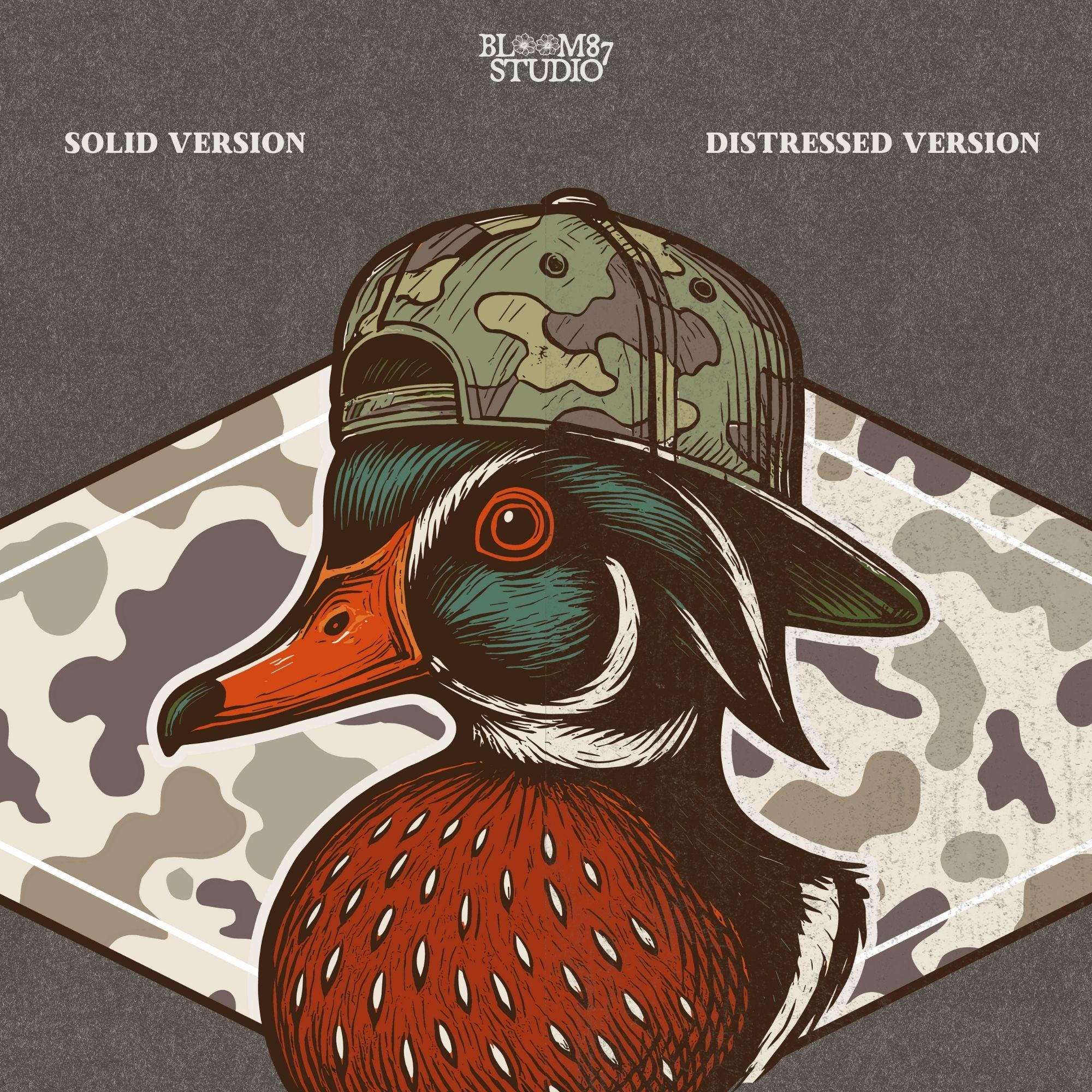 Funny wood duck wearing camo hat in front of marsh camo background – southern hunting sublimation design.