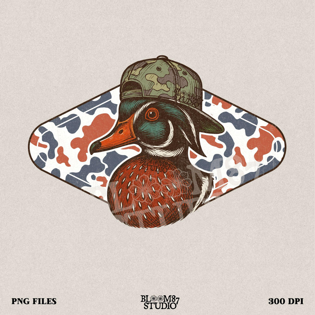 Funny wood duck in camo hat with red white blue camo background – patriotic sublimation design for hunters.