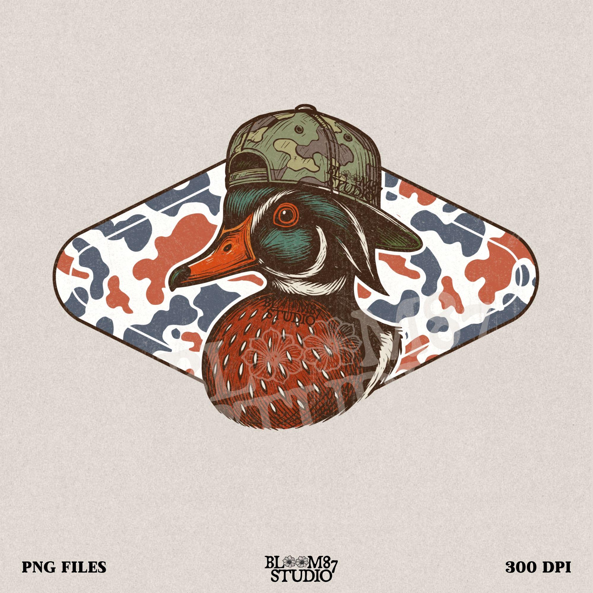 Funny wood duck in camo hat with red white blue camo background – patriotic sublimation design for hunters.