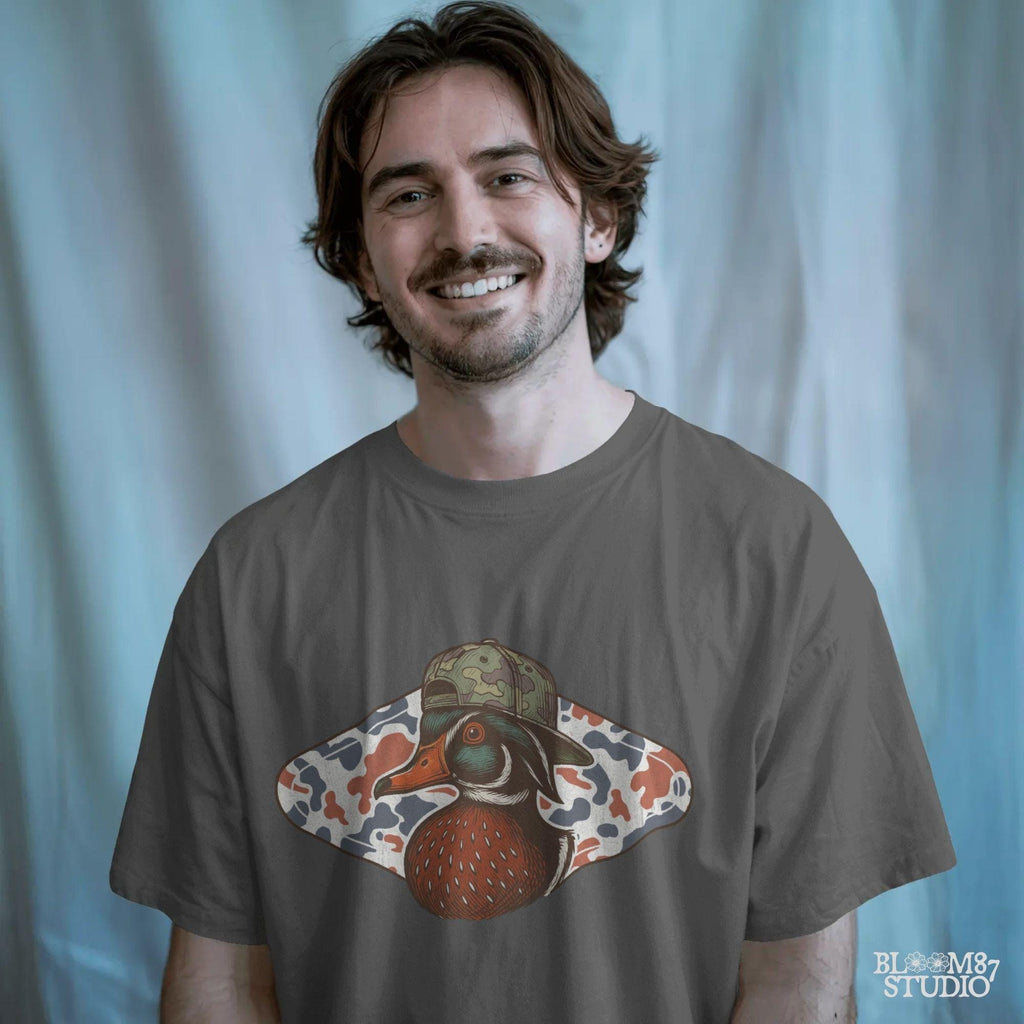 Funny wood duck in camo hat with red white blue camo background – patriotic sublimation design for hunters.