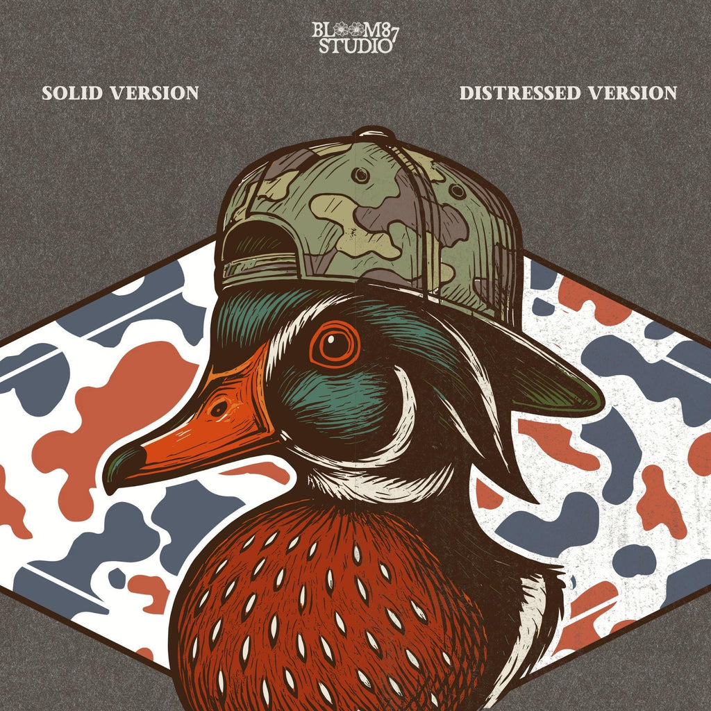 Funny wood duck in camo hat with red white blue camo background – patriotic sublimation design for hunters.