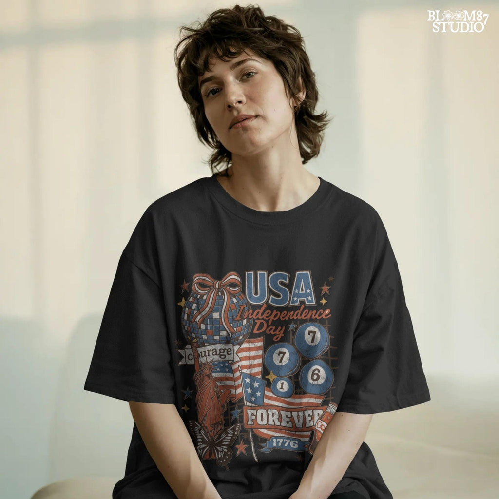 Vintage USA Independence Day collage with Statue of Liberty, American flags, Coke bottle, disco ball, patriotic retro design