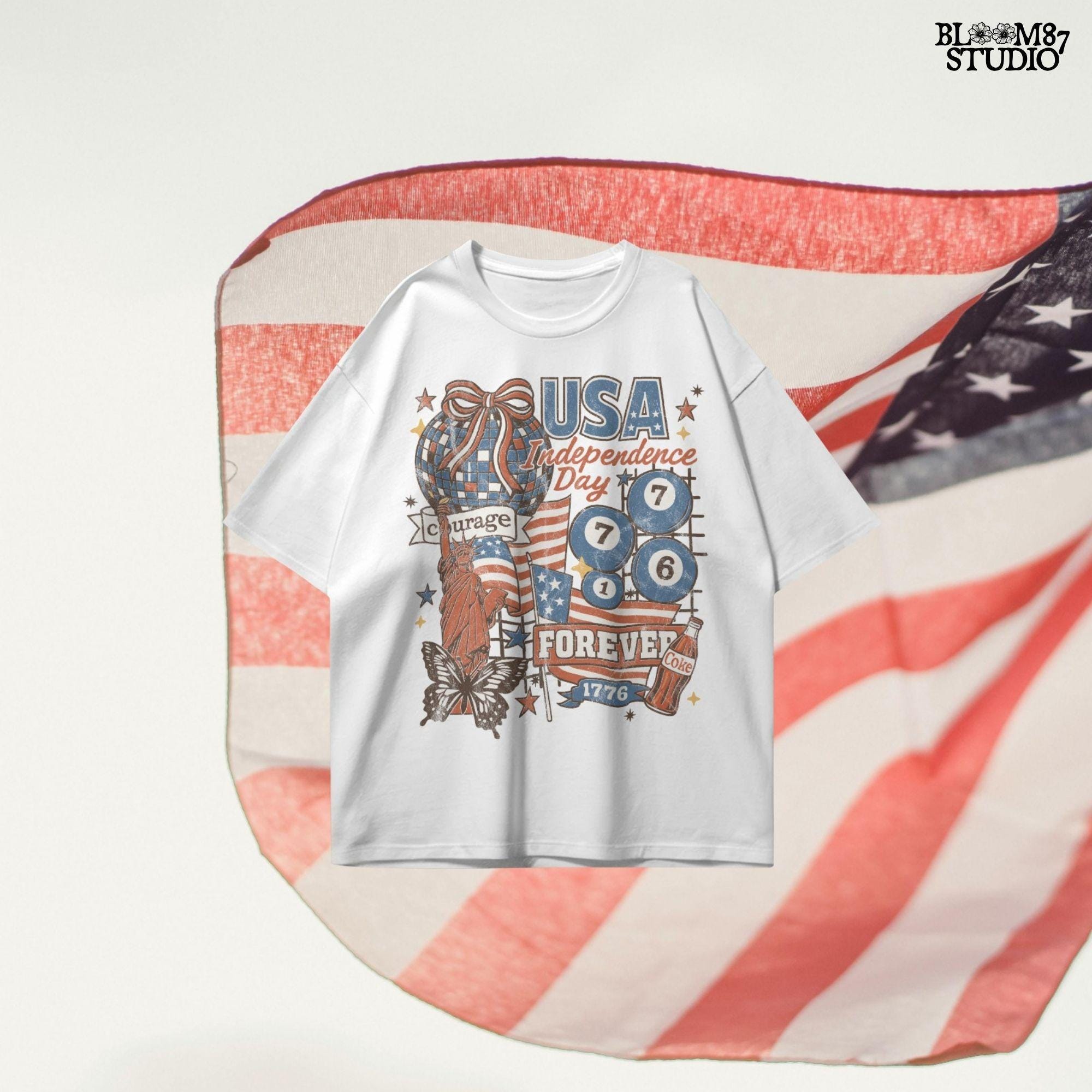 Vintage USA Independence Day collage with Statue of Liberty, American flags, Coke bottle, disco ball, patriotic retro design