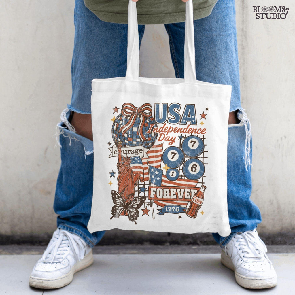 Vintage USA Independence Day collage with Statue of Liberty, American flags, Coke bottle, disco ball, patriotic retro design