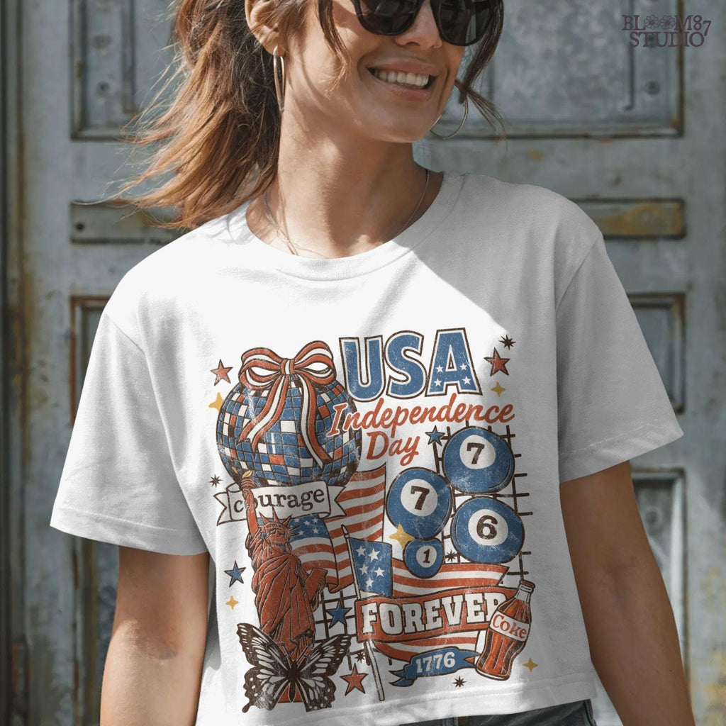 Vintage USA Independence Day collage with Statue of Liberty, American flags, Coke bottle, disco ball, patriotic retro design