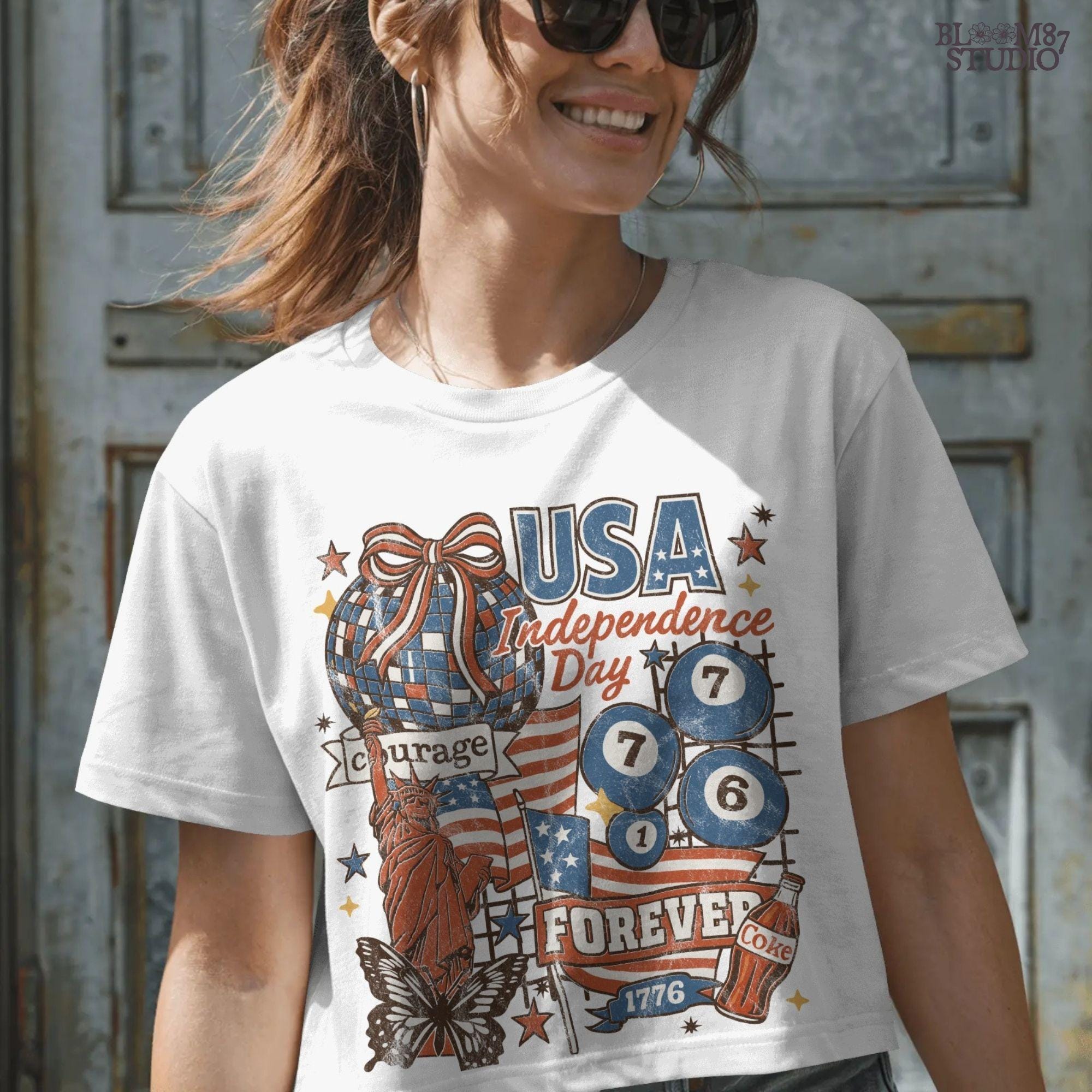 Vintage USA Independence Day collage with Statue of Liberty, American flags, Coke bottle, disco ball, patriotic retro design