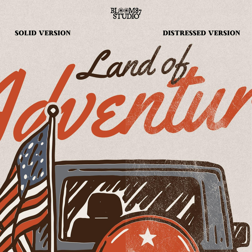 “Illustration of a patriotic Jeep with USA spare tire and American flag, perfect for summer adventure and Fourth of July celebrations.”