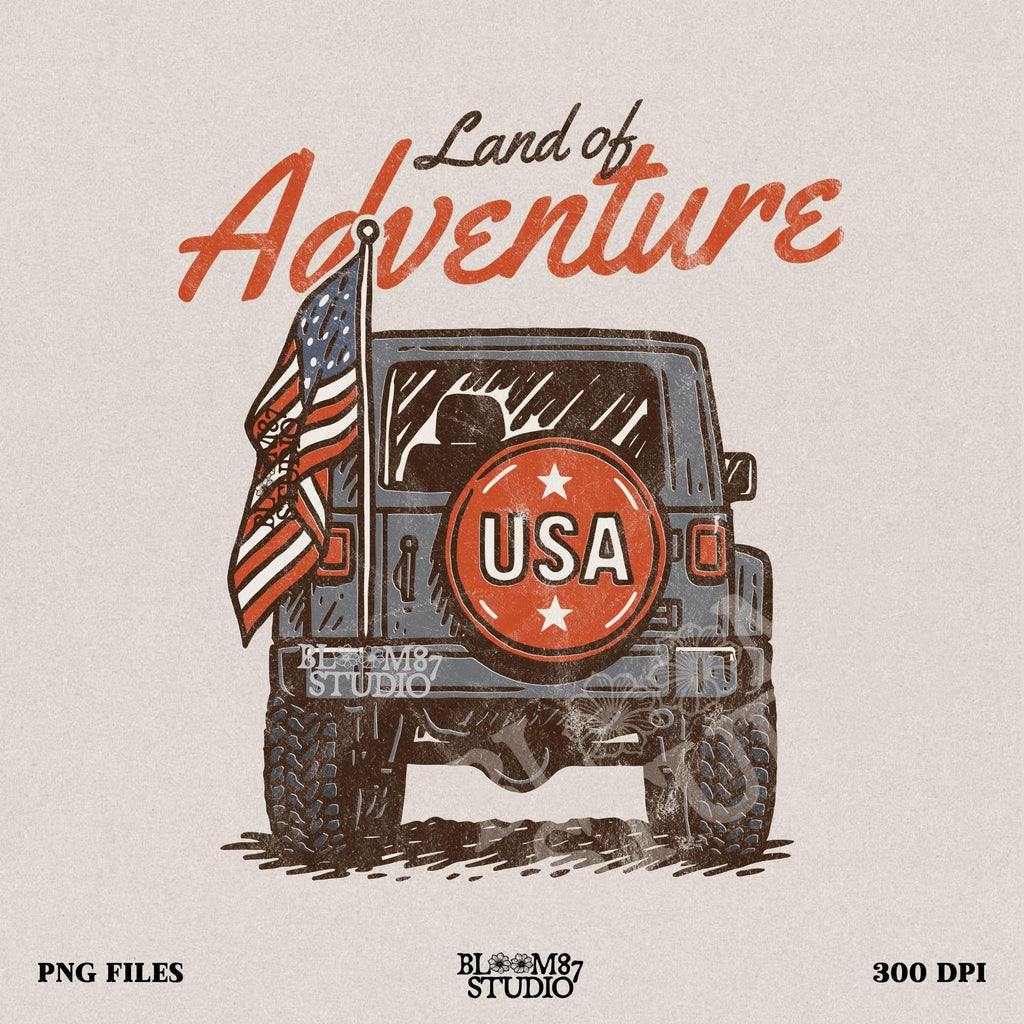 “Illustration of a patriotic Jeep with USA spare tire and American flag, perfect for summer adventure and Fourth of July celebrations.”