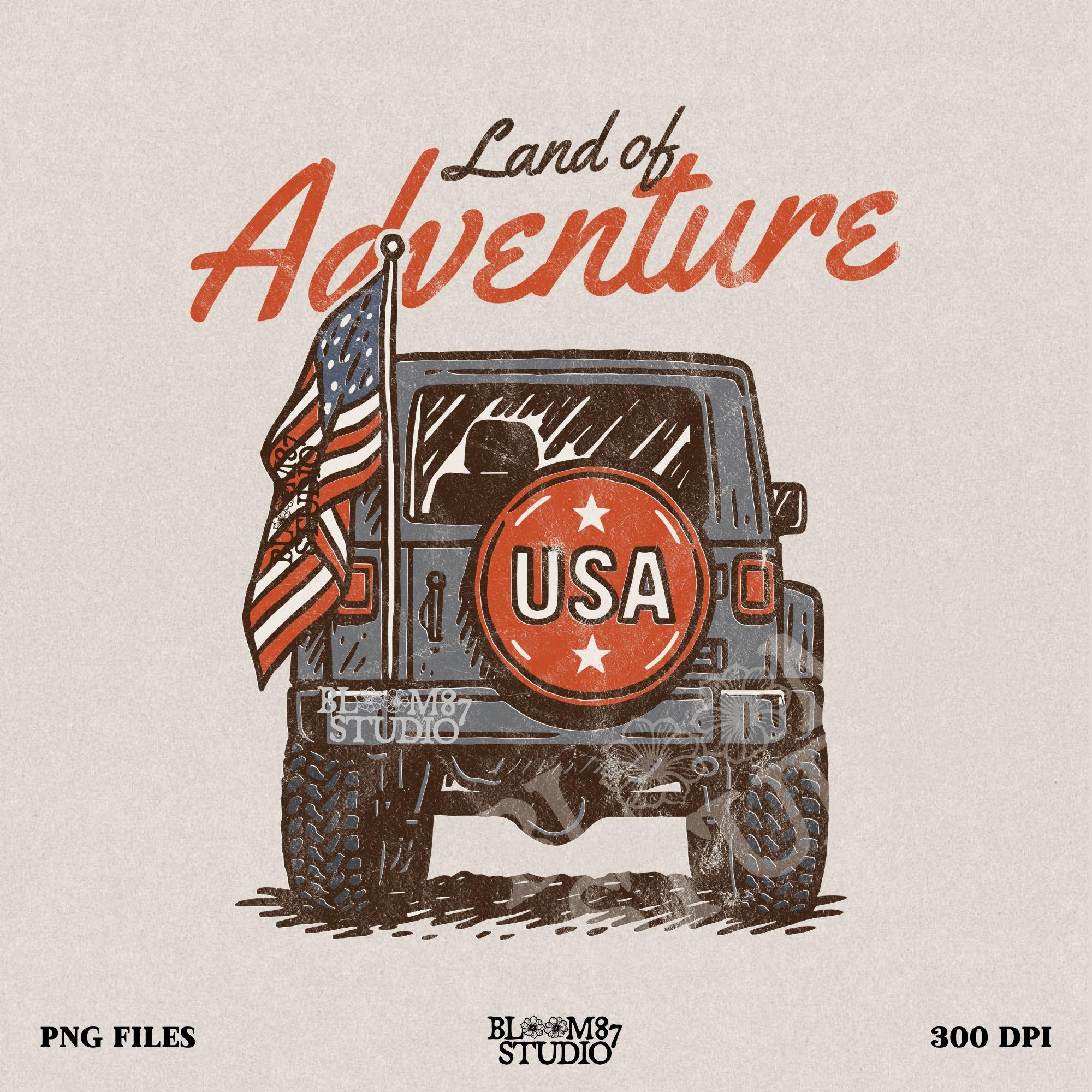 “Illustration of a patriotic Jeep with USA spare tire and American flag, perfect for summer adventure and Fourth of July celebrations.”