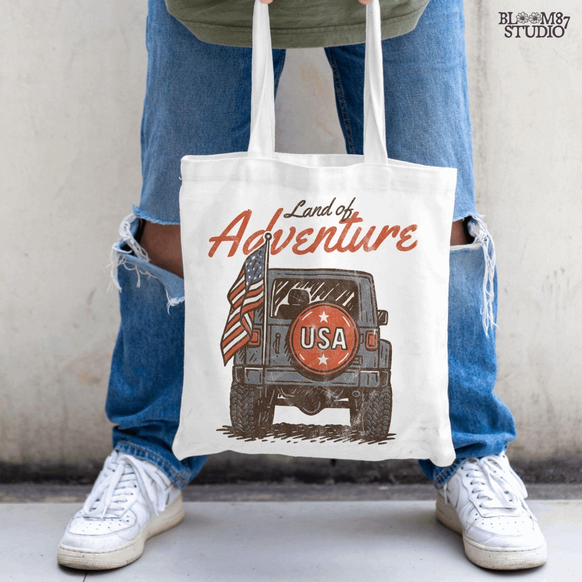 “Illustration of a patriotic Jeep with USA spare tire and American flag, perfect for summer adventure and Fourth of July celebrations.”