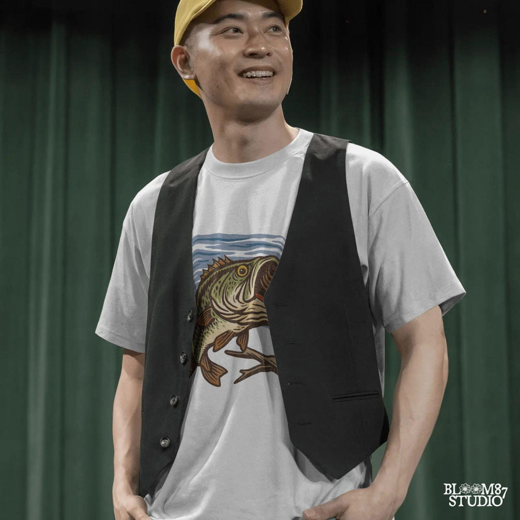 Vintage largemouth bass catching red lure underwater with rustic woodcut illustration style.